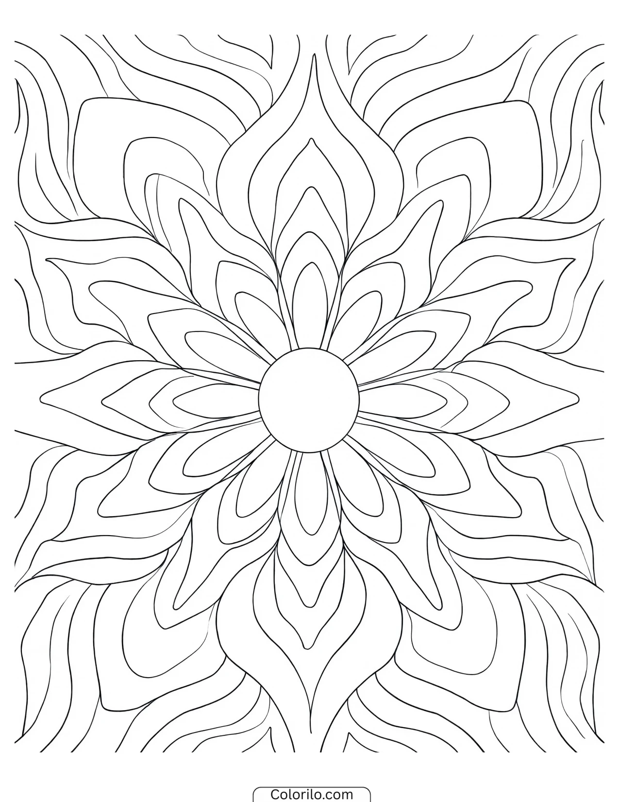 Mandala with looping flame-shaped petals coloring page