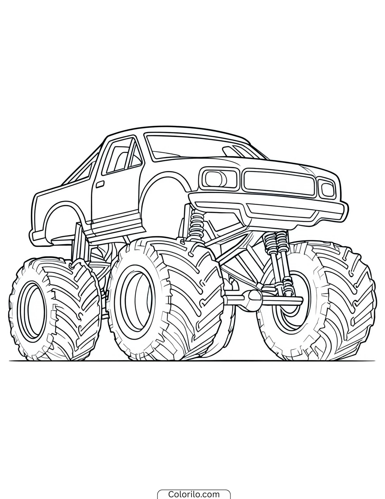 Low-angle view of a classic monster truck coloring page
