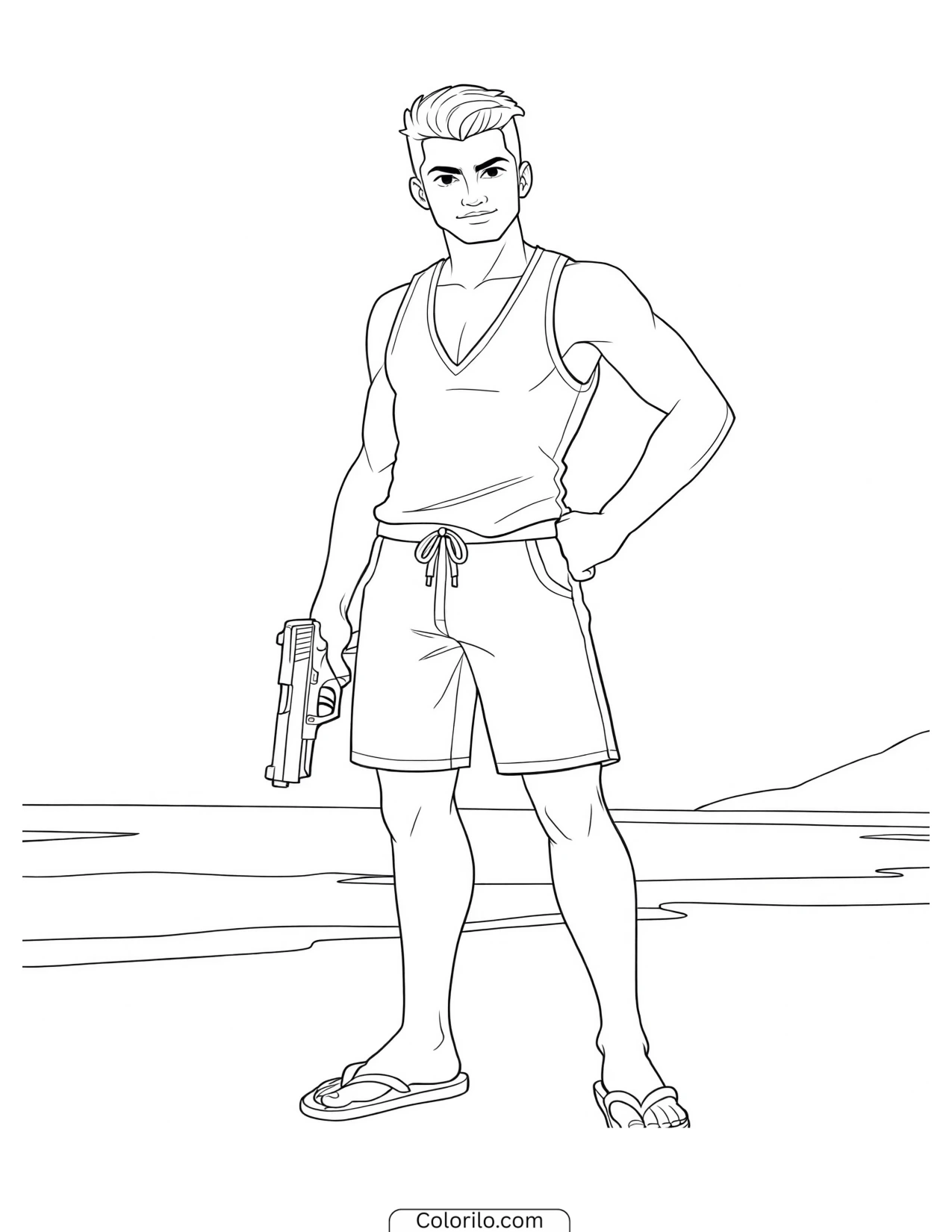 Character in beachwear holding a weapon coloring page