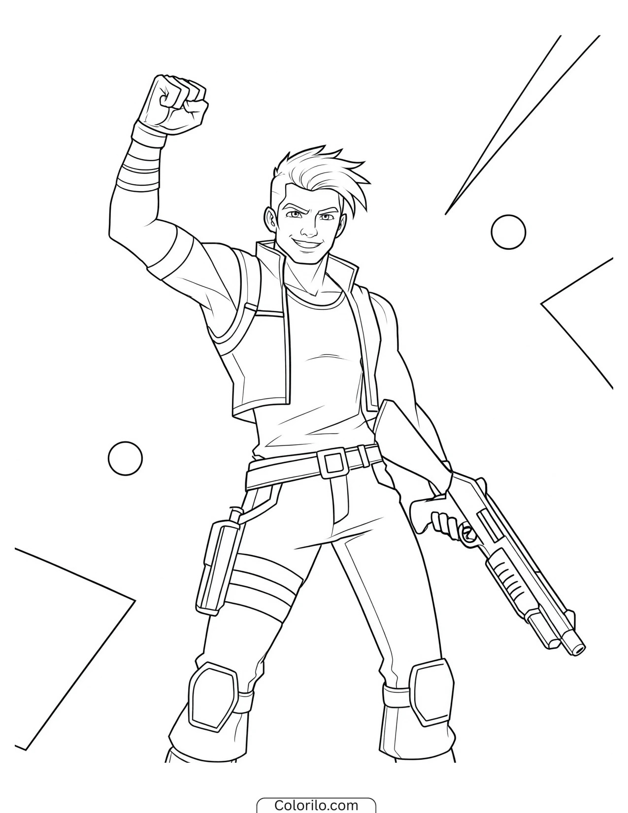Character raising a fist while holding a weapon coloring page