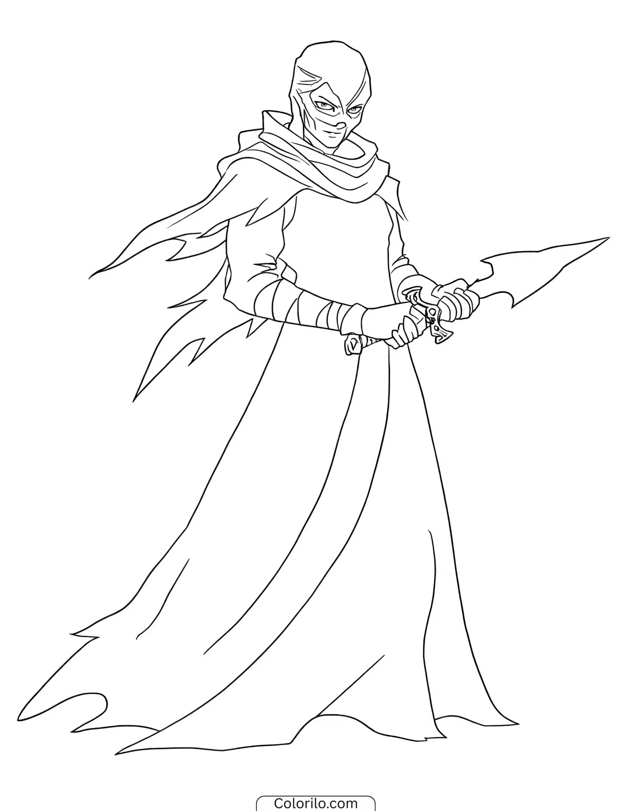 Masked character holding a spear coloring page