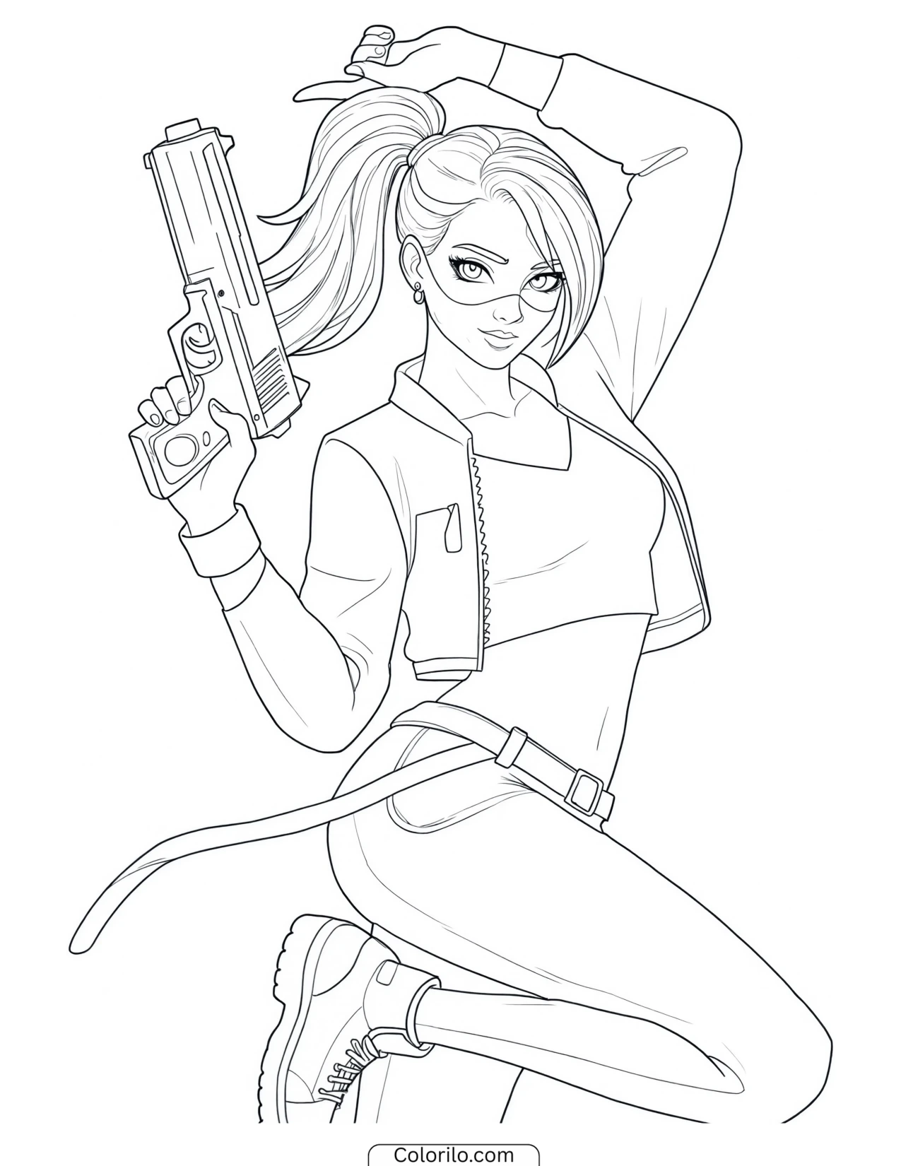 Masked female character posing with a weapon coloring page