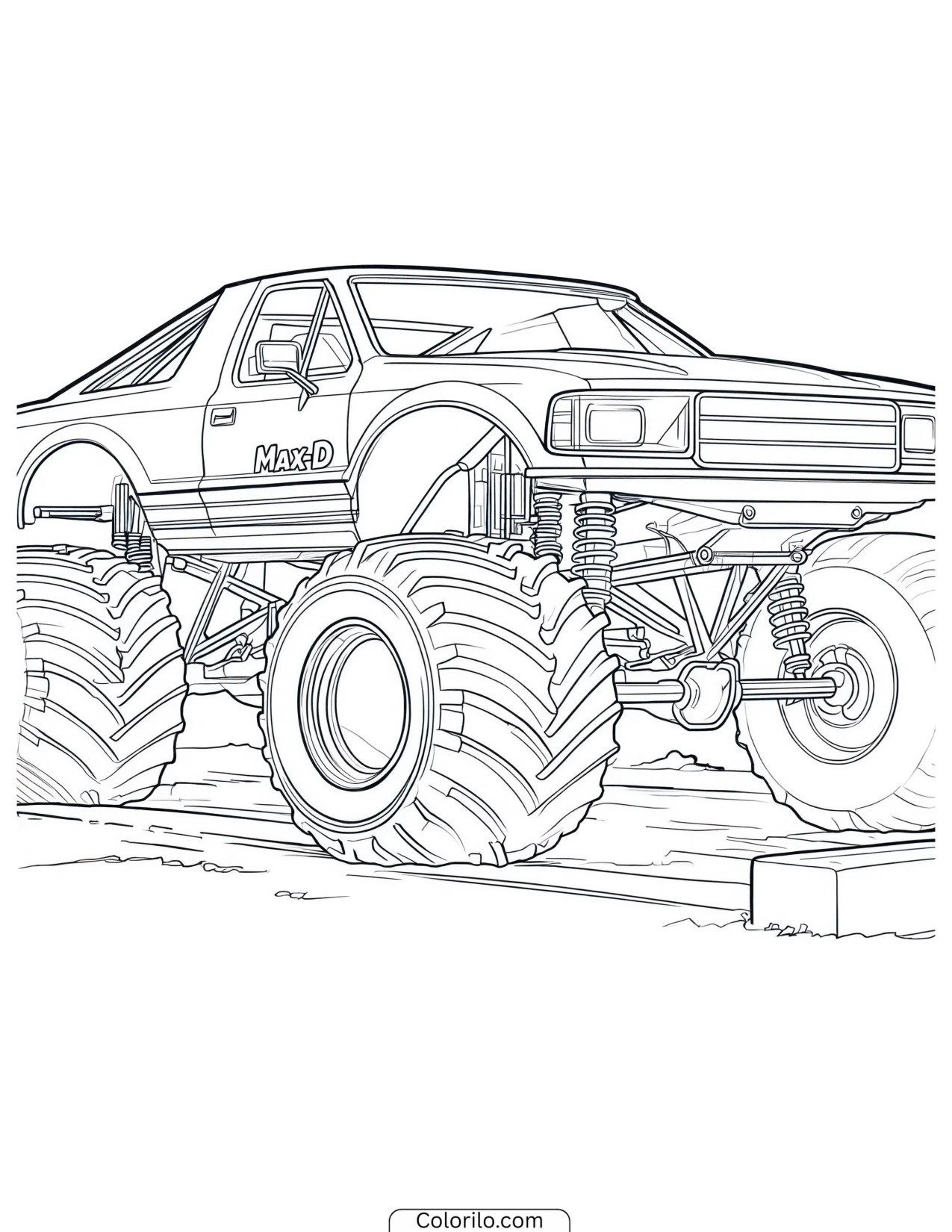 Monster truck in a Max-D style with spiked bodywork coloring page