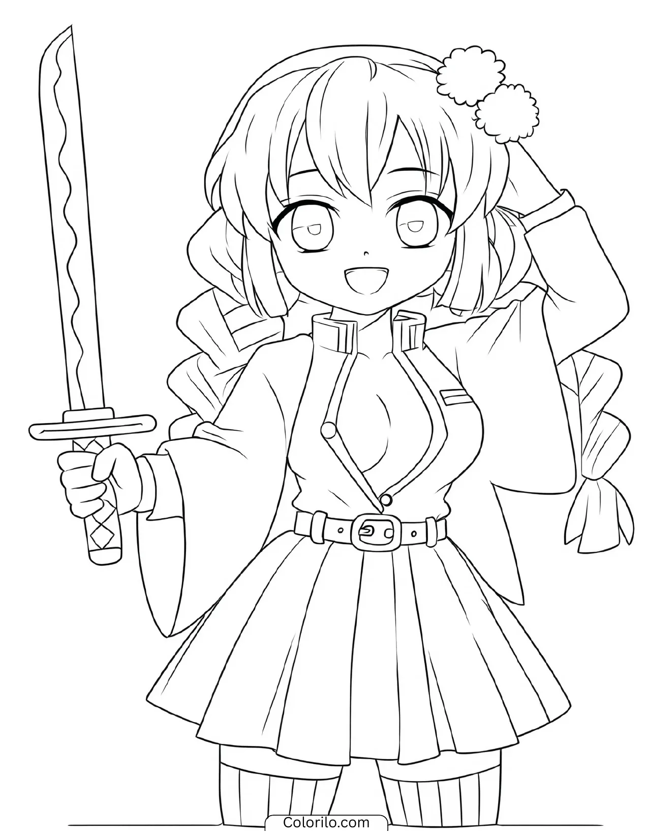 Mitsuri Kanroji in a cheerful pose with her sword coloring page