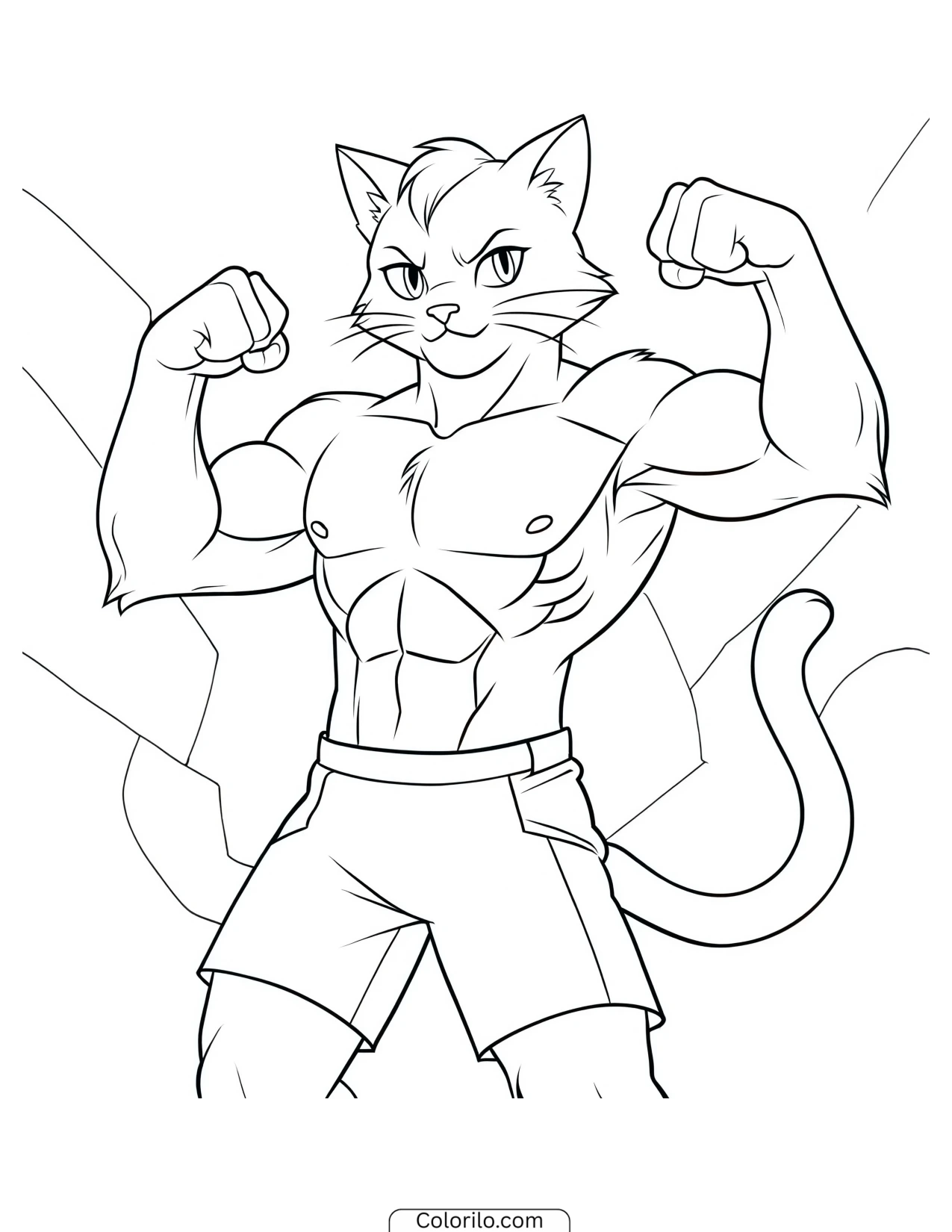 Muscular cat character flexing its arms coloring page