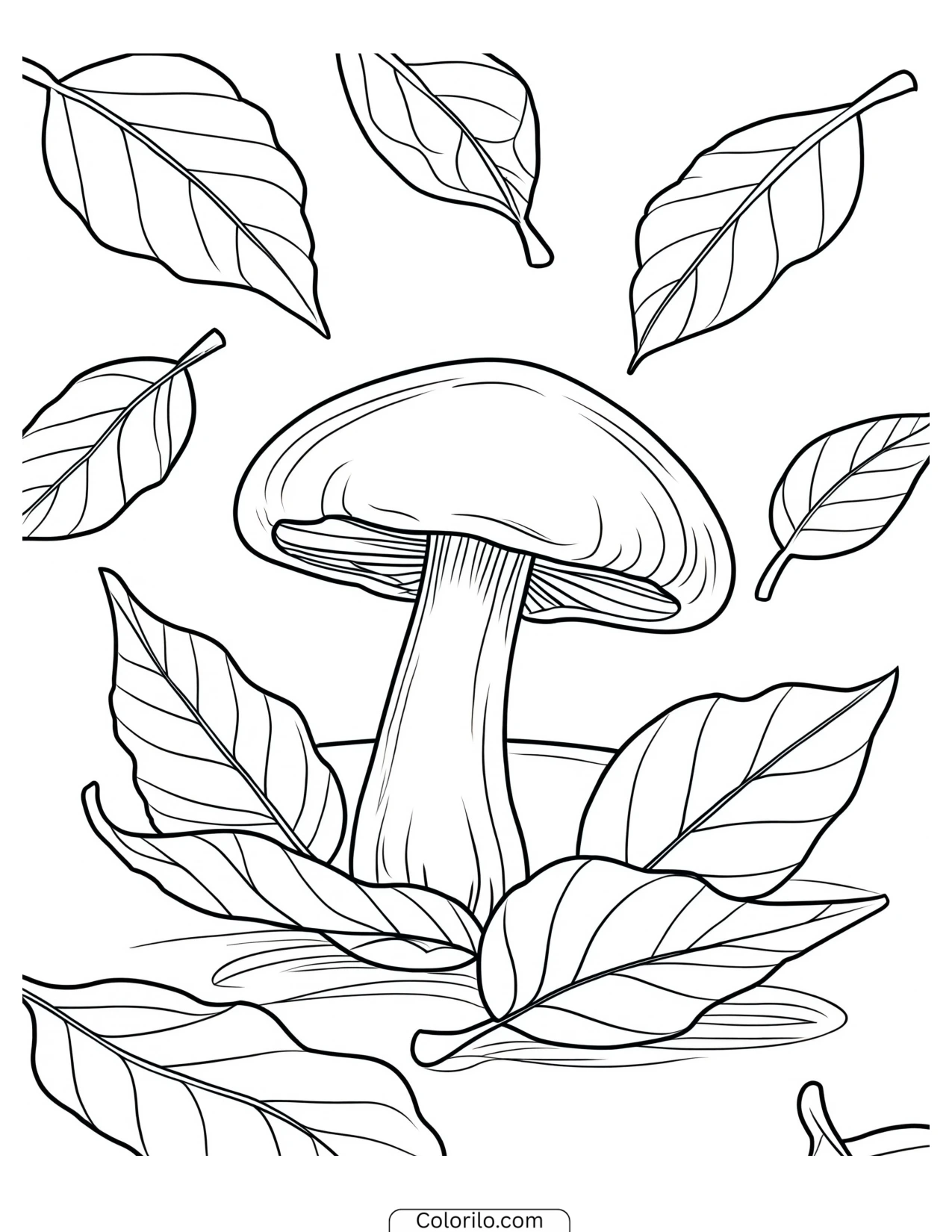Mushroom with autumn leaves falling around it coloring page