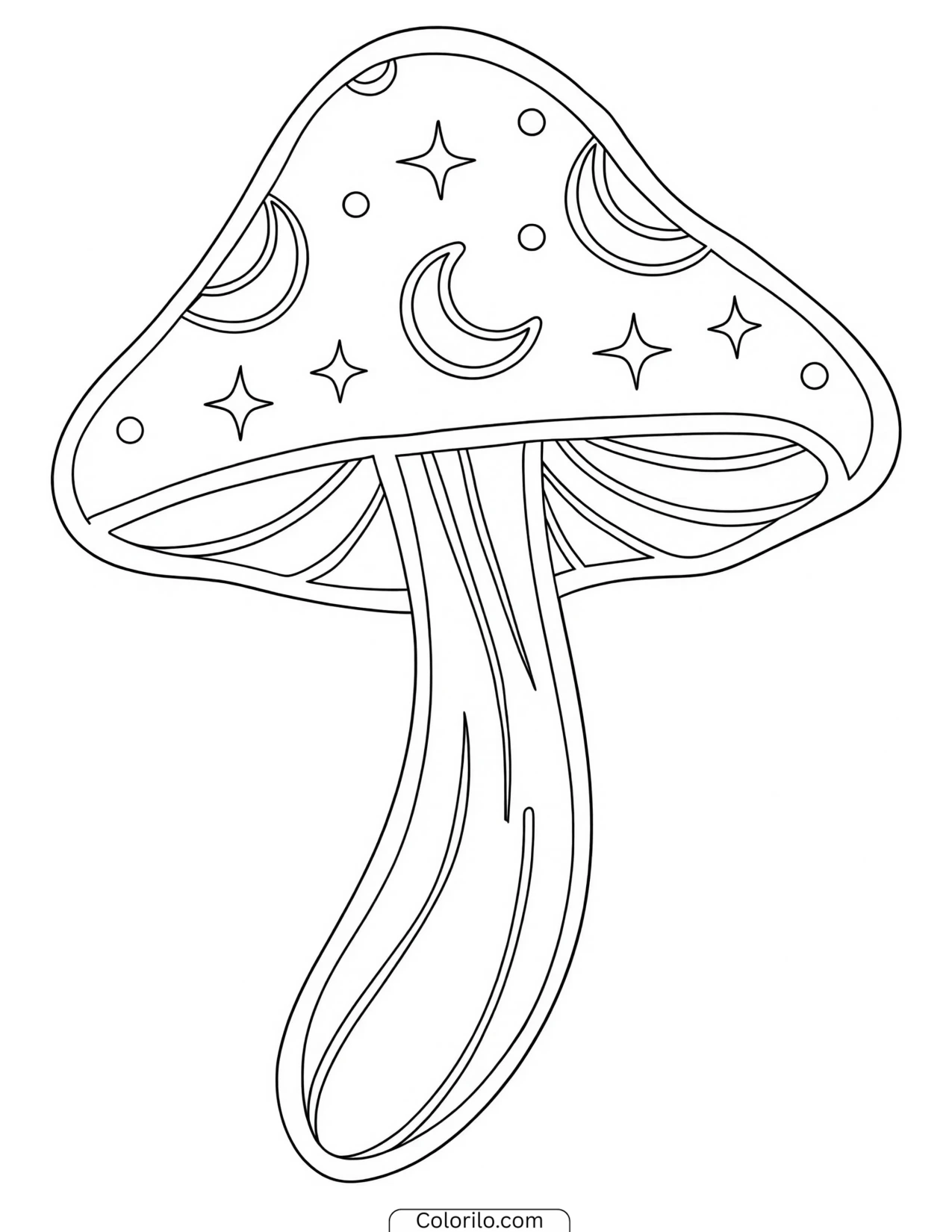 Mushroom surrounded by moons and stars coloring page