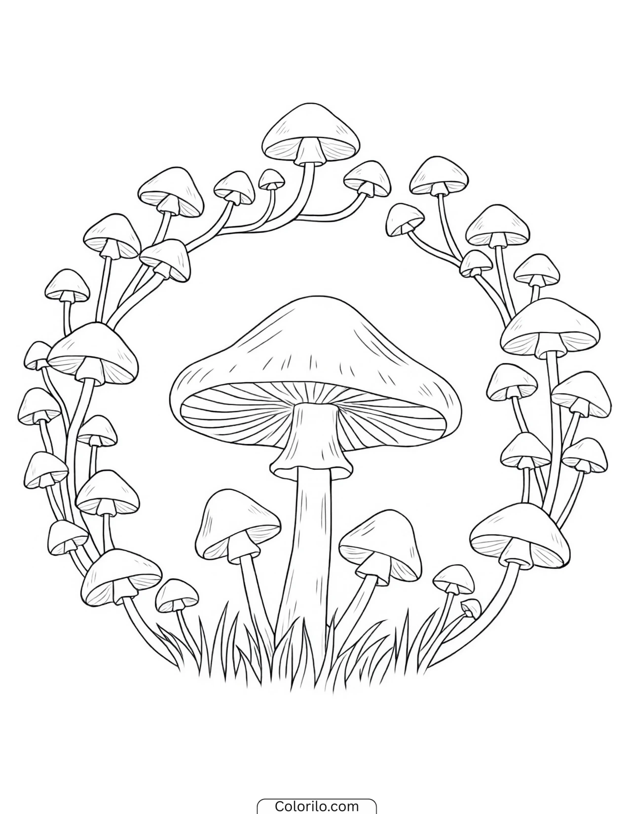 Circular wreath made of mushrooms coloring page