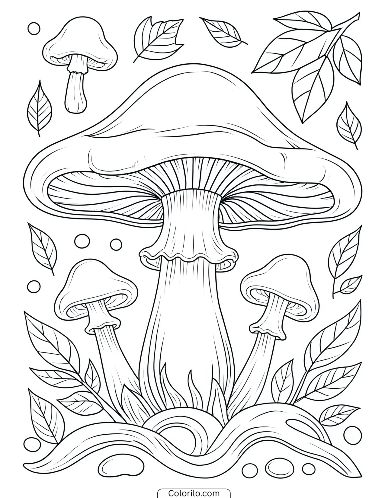 Mushrooms arranged with scattered leaves coloring page