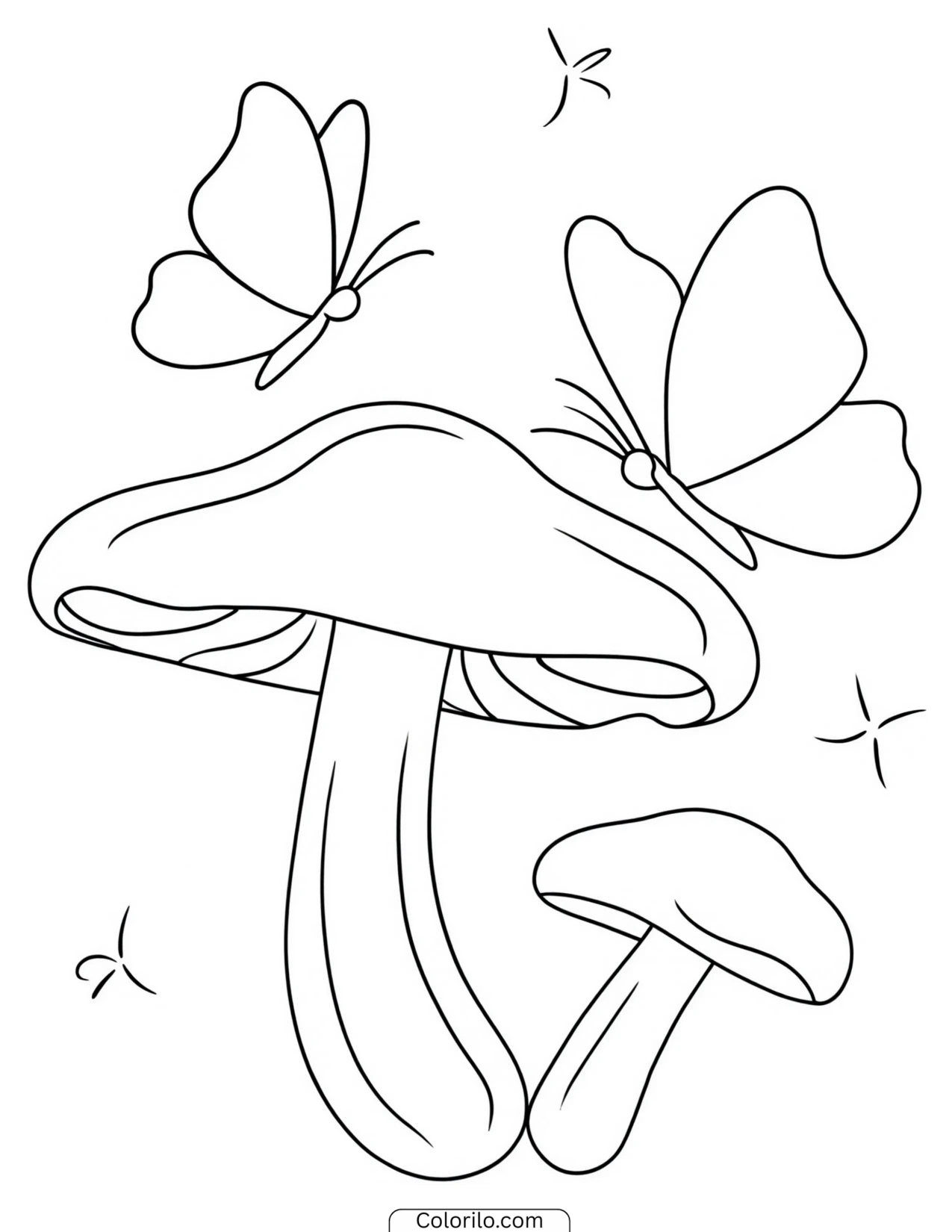 Mushrooms with butterflies fluttering above coloring page