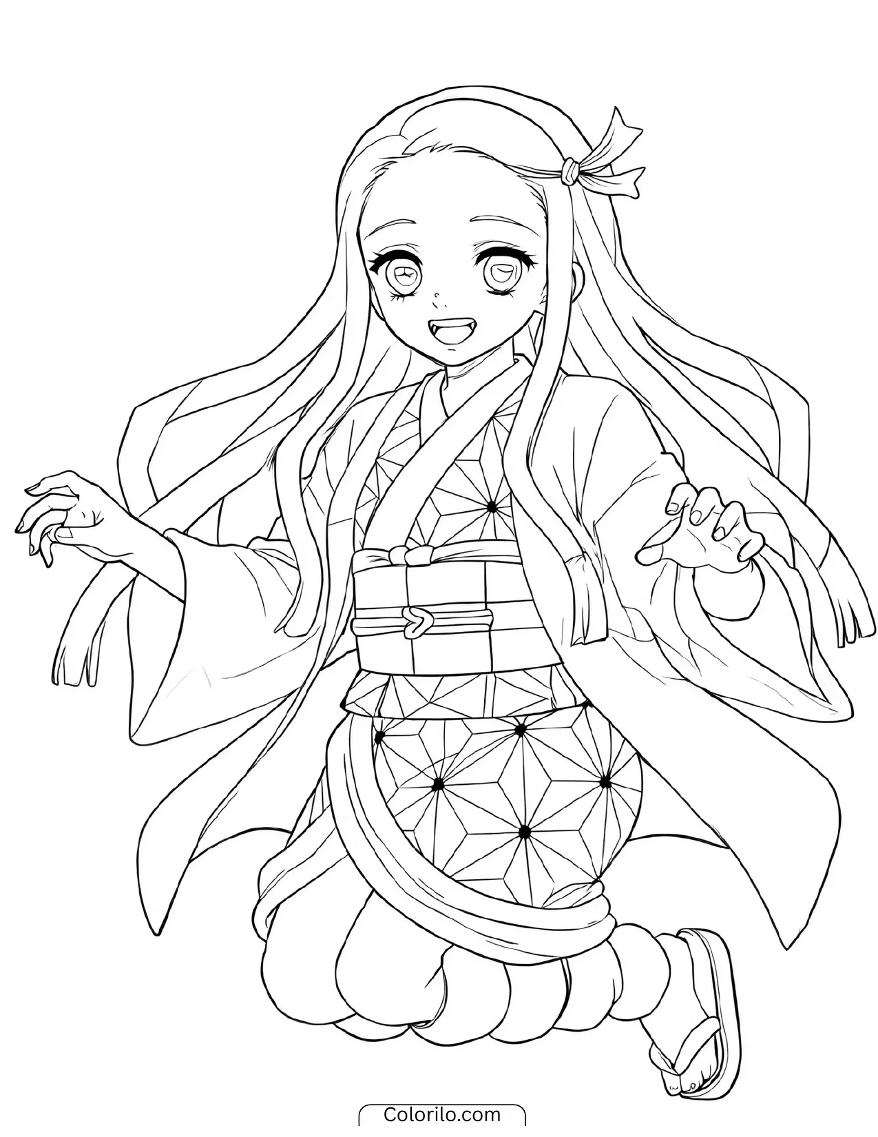 Nezuko leaping joyfully into the air coloring page