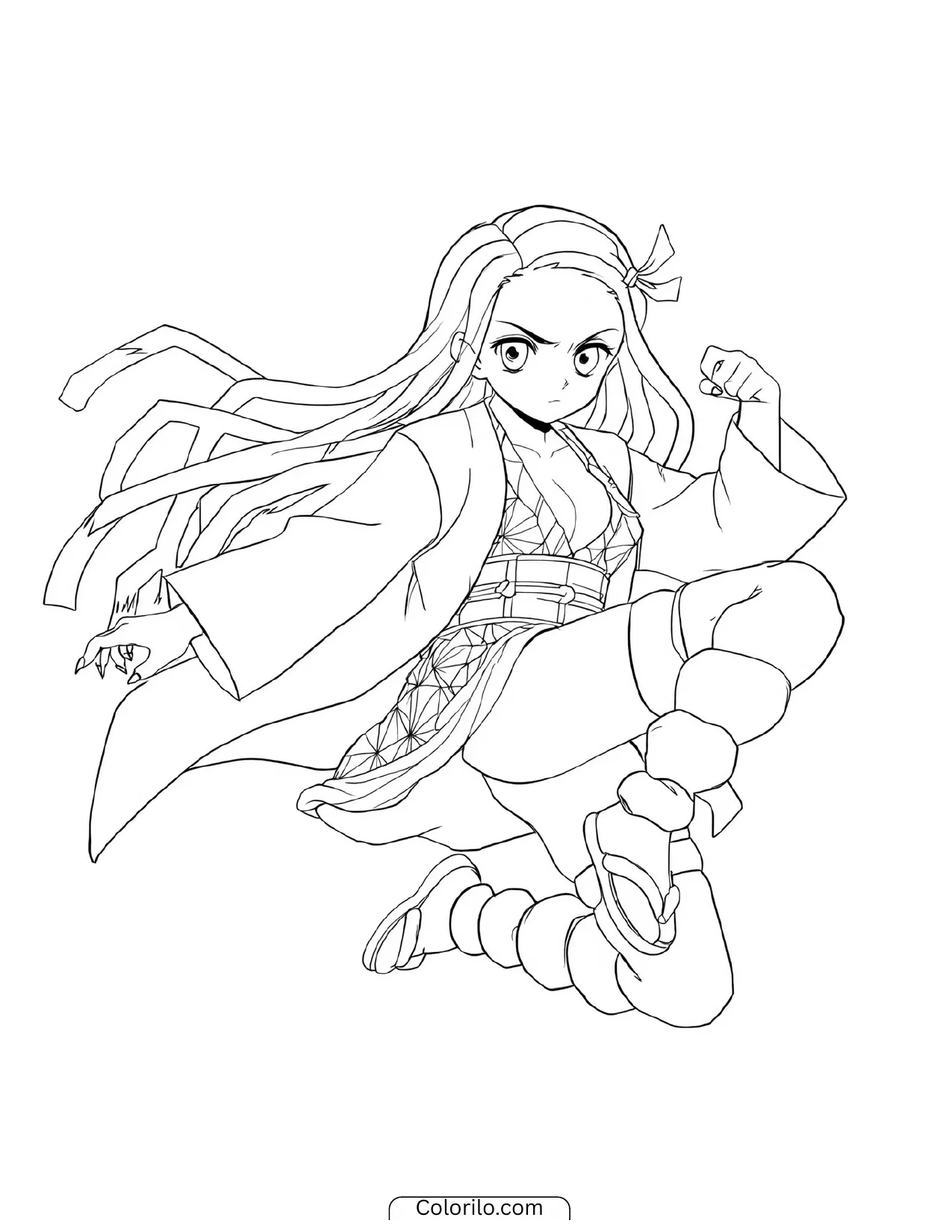 Nezuko Kamado leaping through the air in a midair attack coloring page