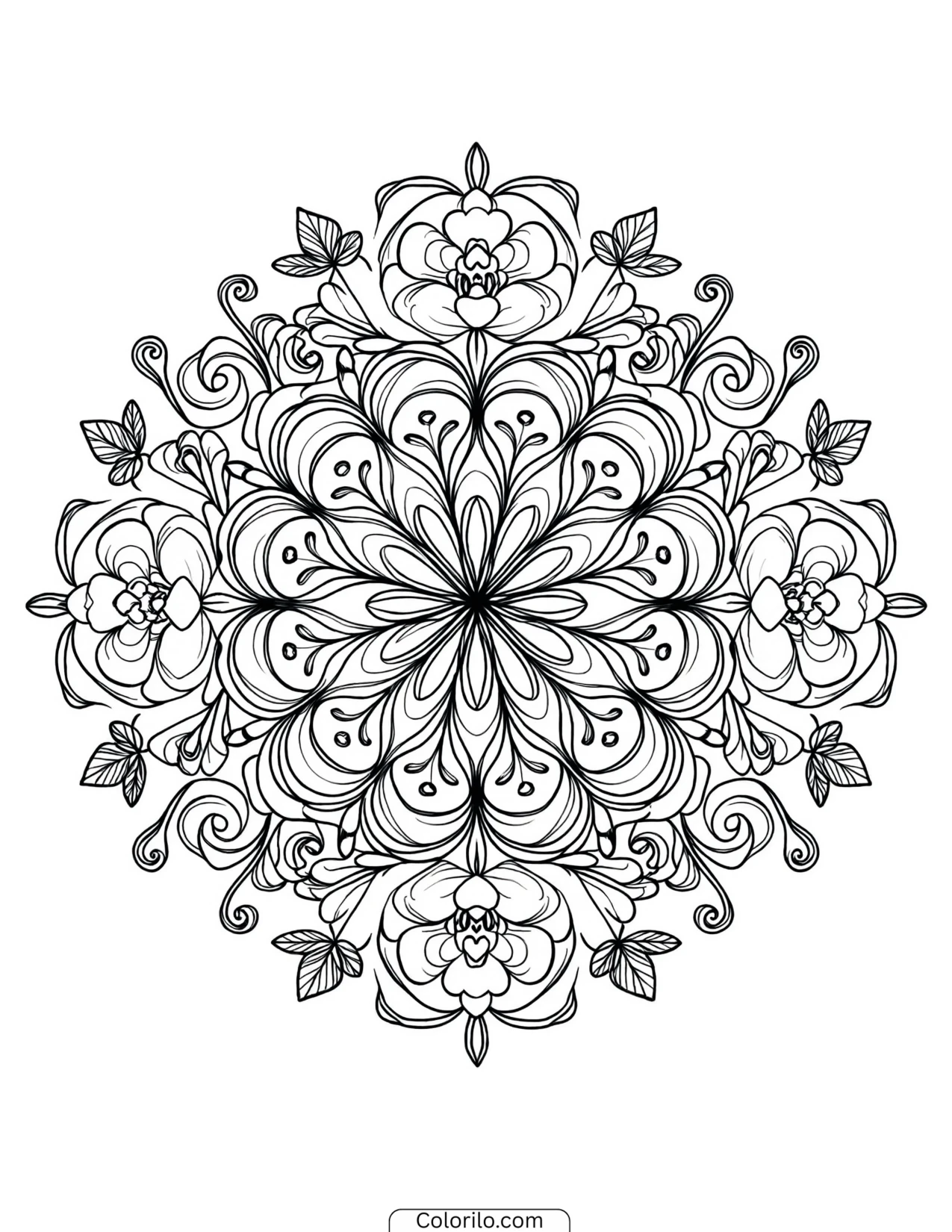 Orchid mandala with swirling filigree detail coloring page