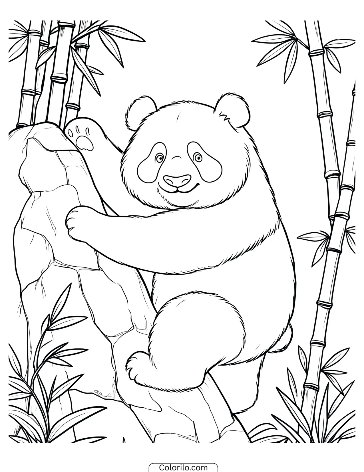 Panda climbing a rocky tree trunk coloring page
