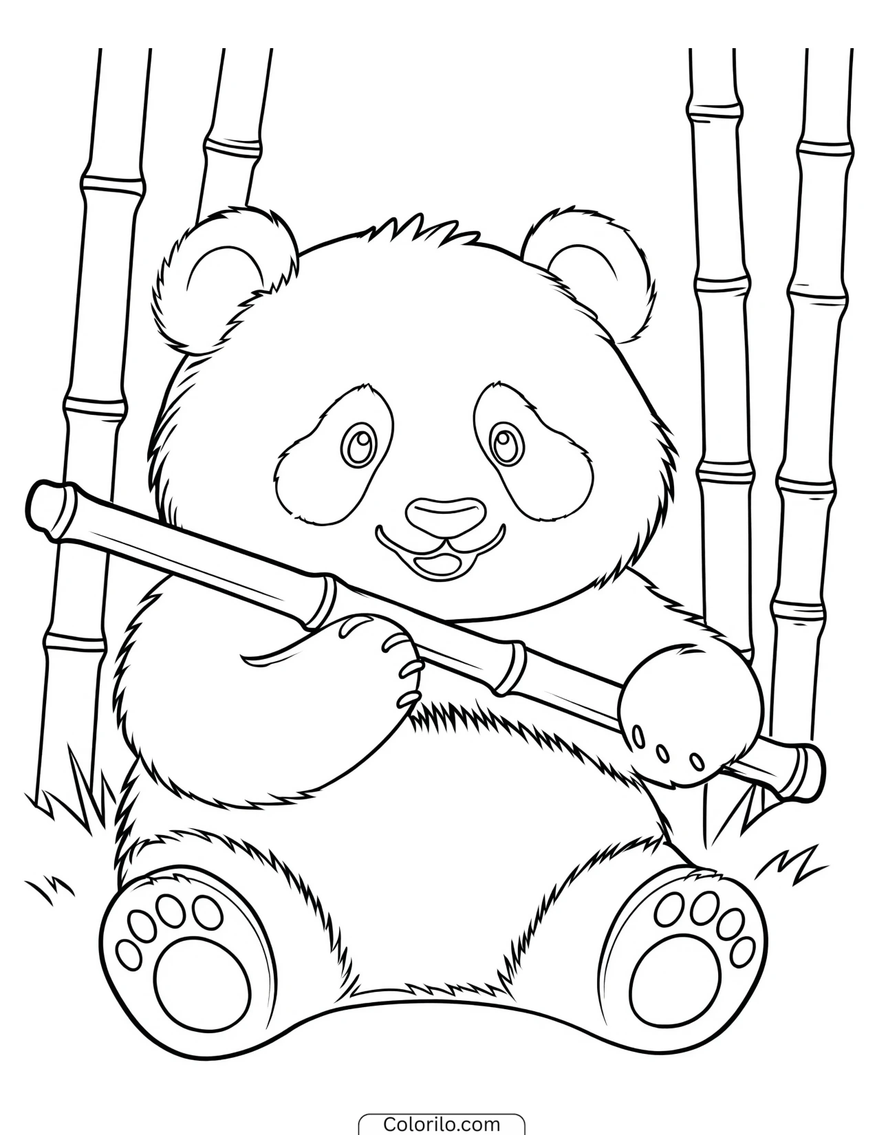 Panda holding a single bamboo stalk coloring page
