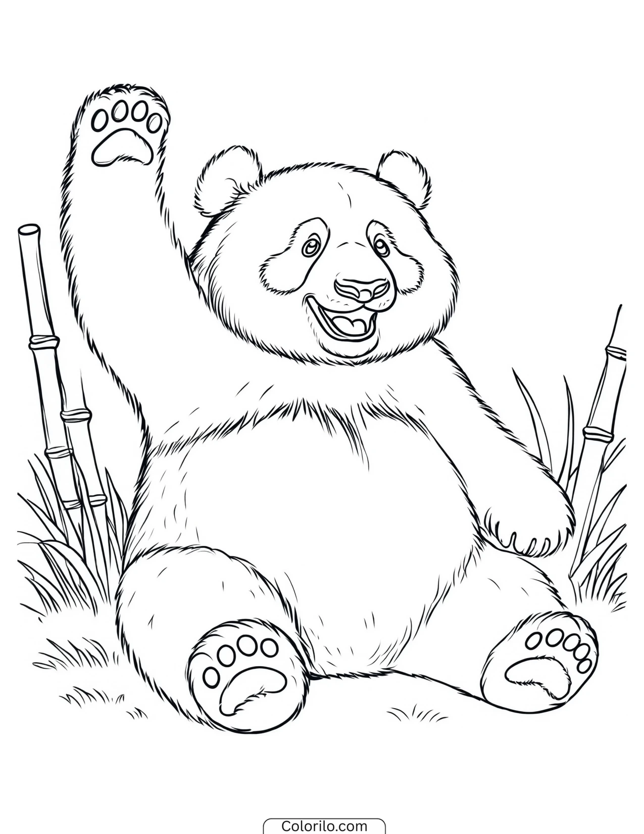 Panda sitting down and waving coloring page