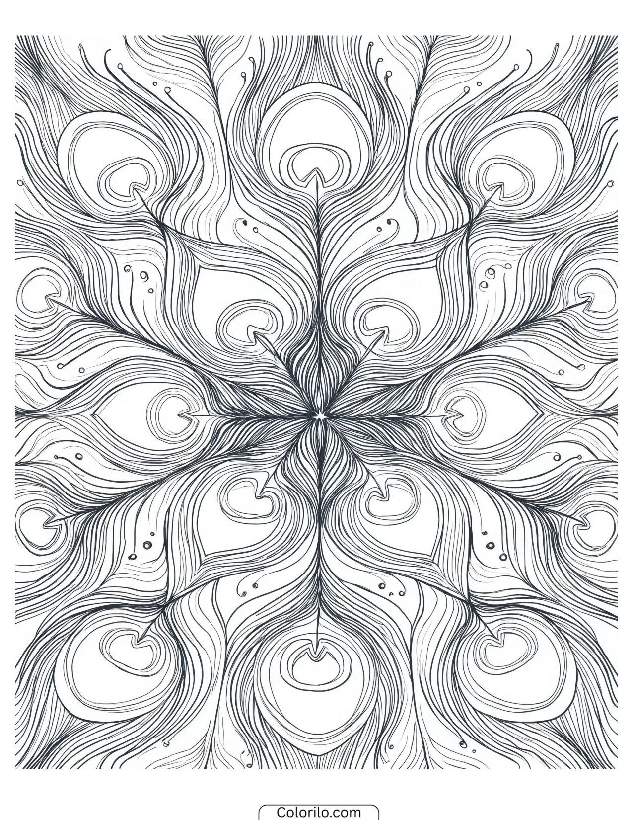 Mandala arranged from peacock feather plumes coloring page
