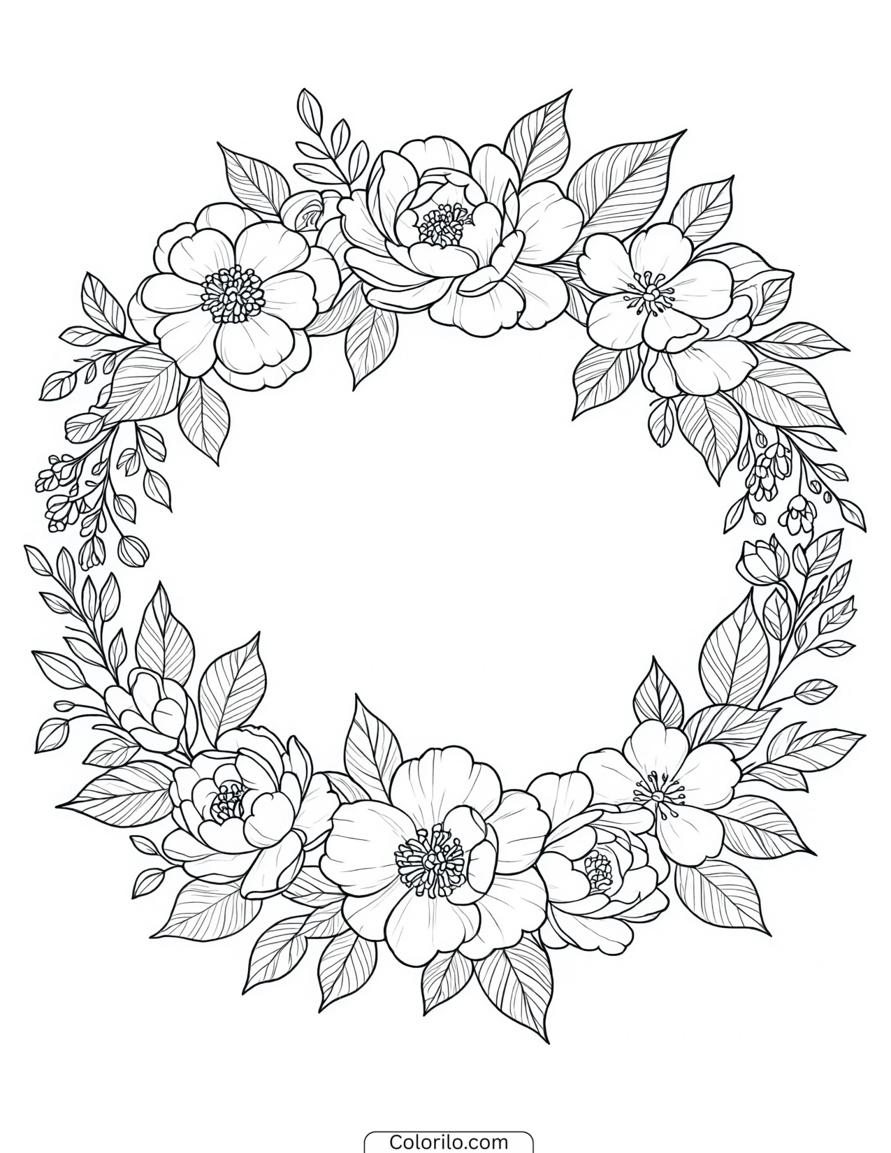 Wreath of peonies and anemones coloring page