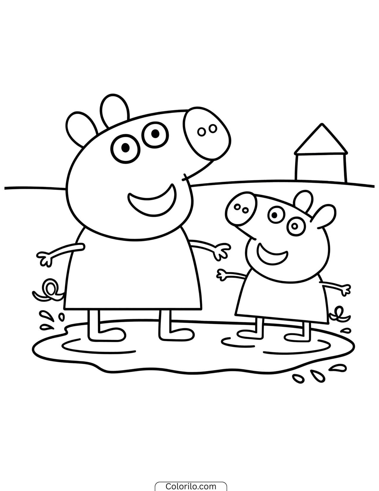 Peppa and George standing in a muddy puddle coloring page