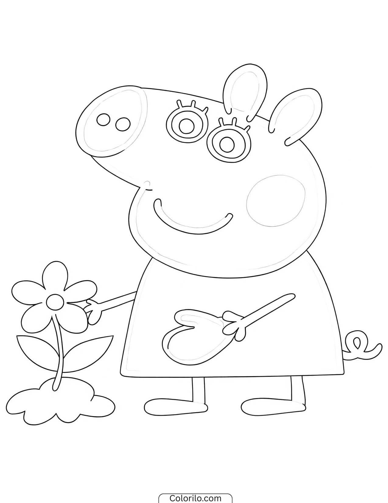 Peppa reaching out toward a flower coloring page