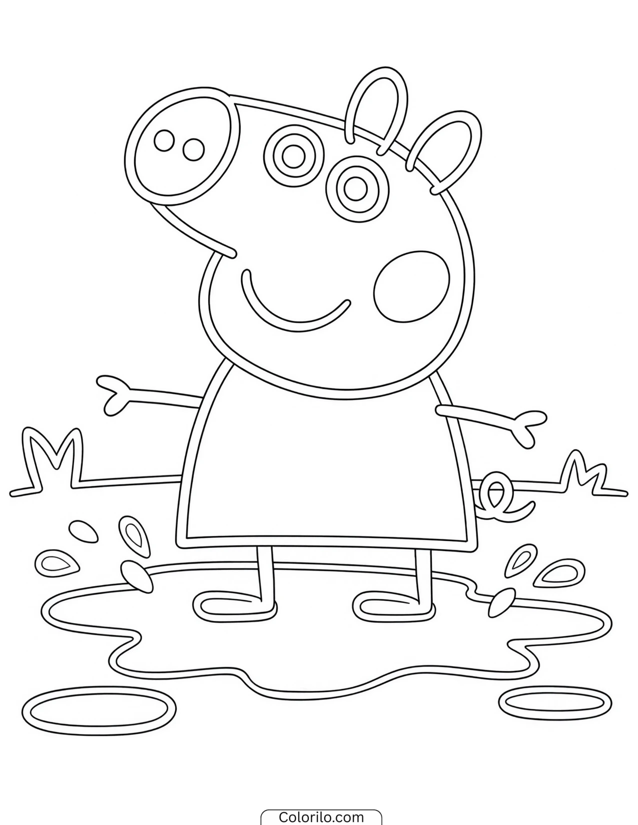 Peppa splashing in a puddle on the grass coloring page