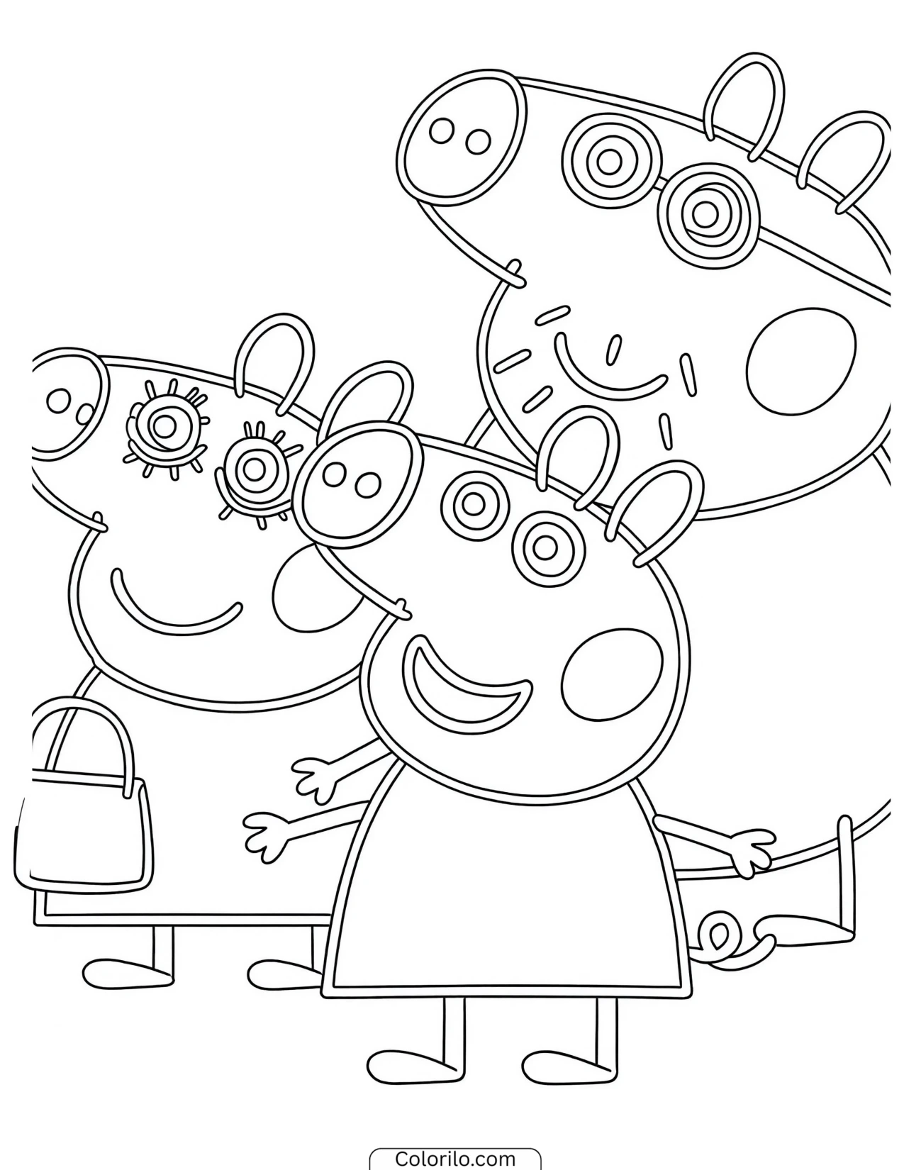 Portrait of the pig family, one holding a handbag coloring page