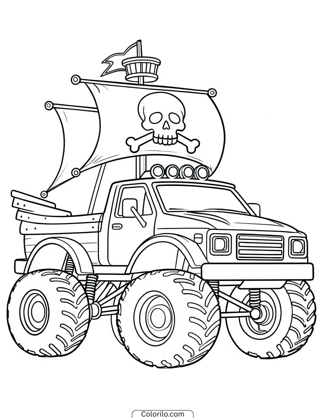 Monster truck built to look like a pirate ship coloring page