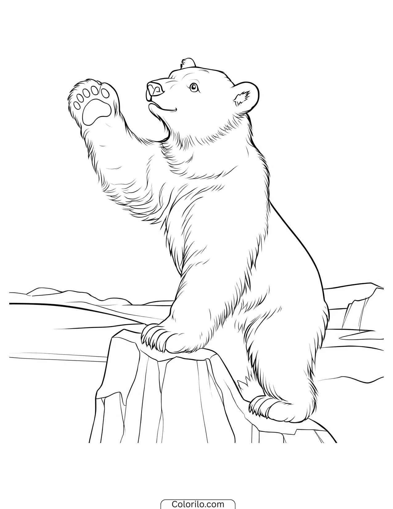 Polar bear waving from the ice coloring page