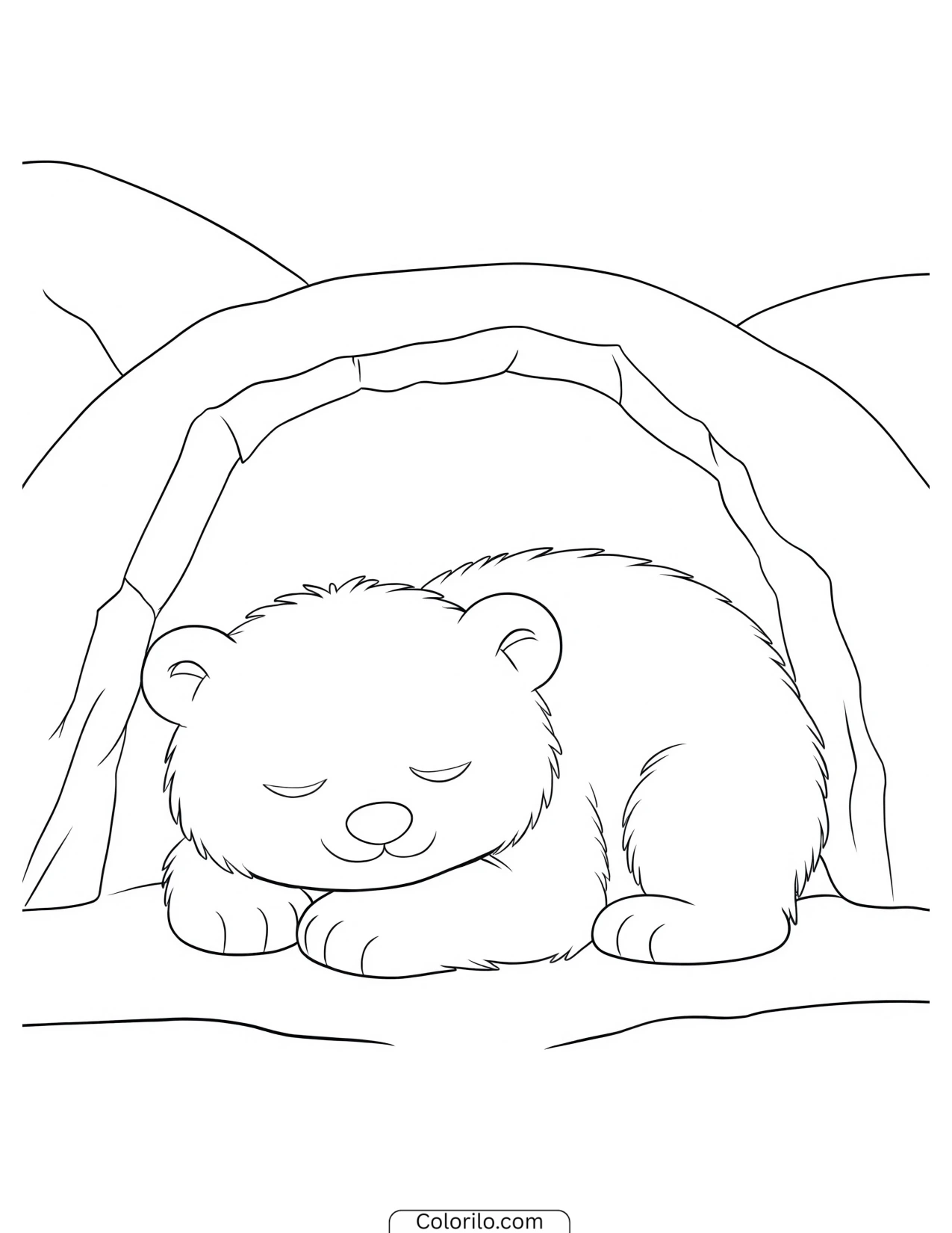 Polar bear cub napping at the mouth of a snow cave coloring page