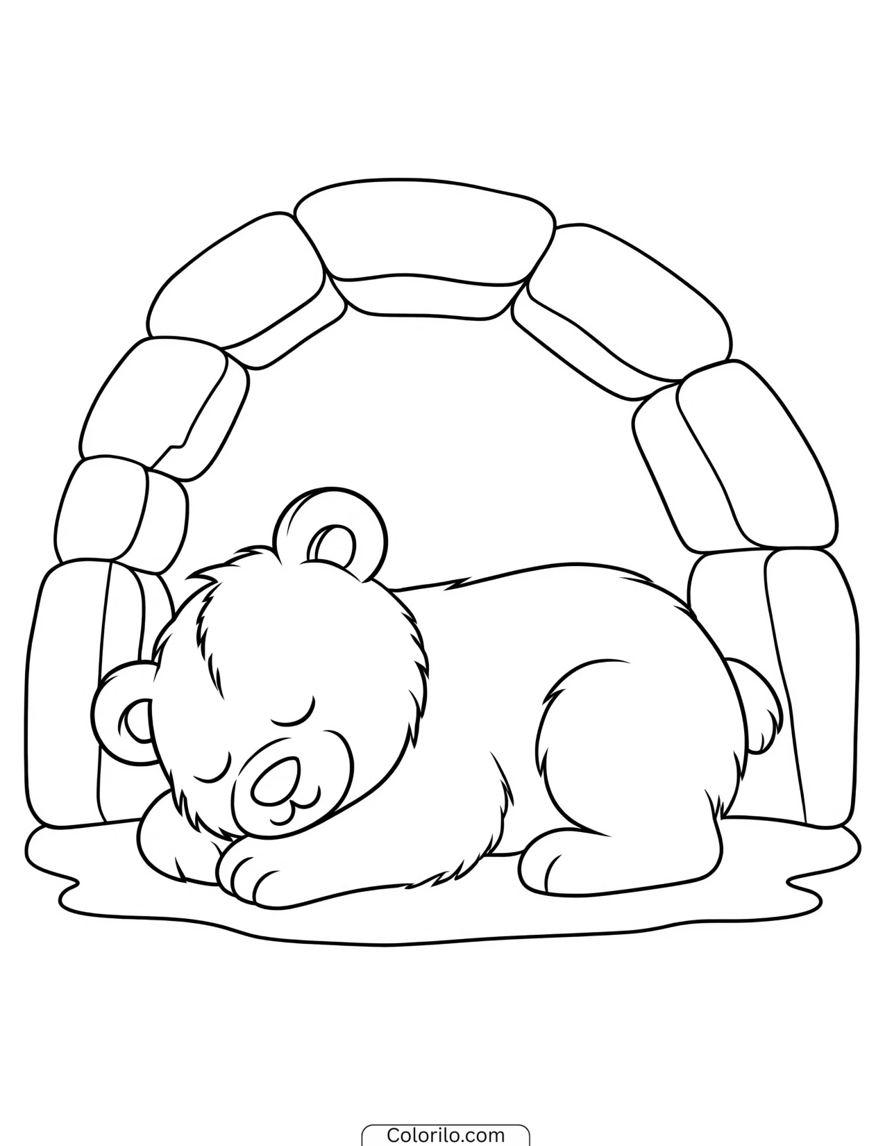 Polar bear cub sleeping beside an igloo coloring page