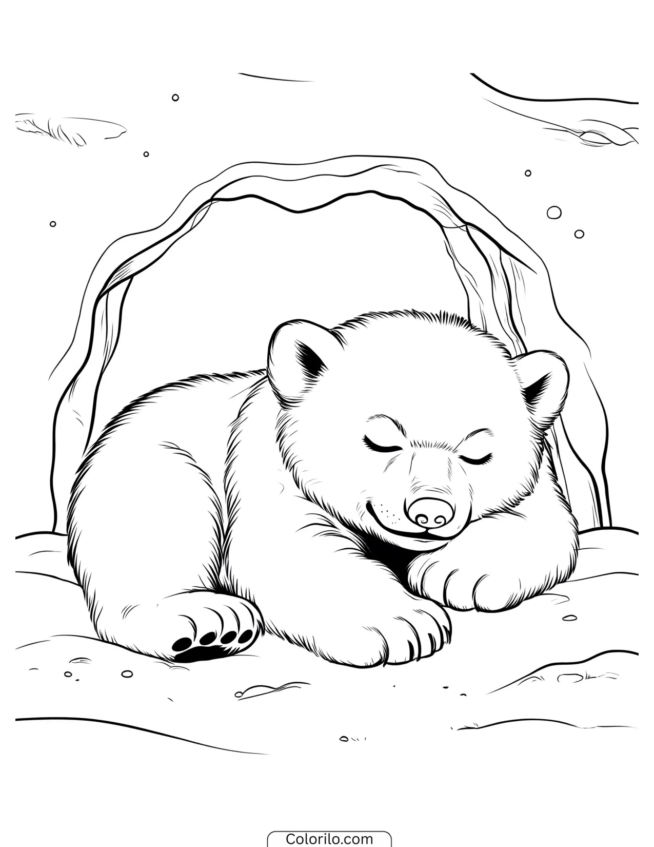 Polar bear cub sleeping curled up in the snow coloring page