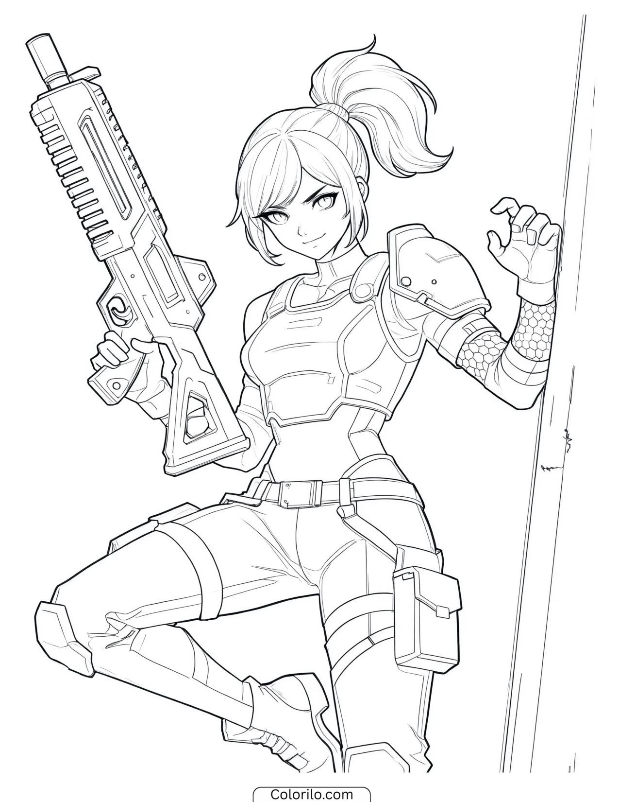 Soldier with a ponytail raising a rifle coloring page