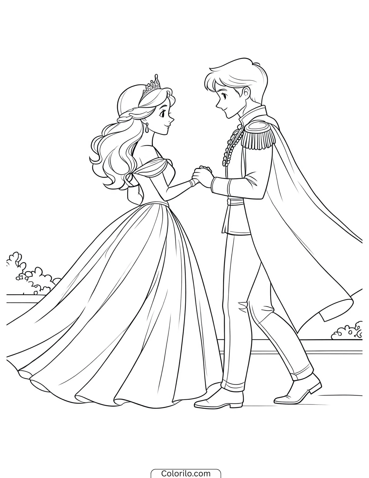 A prince and princess holding hands coloring page