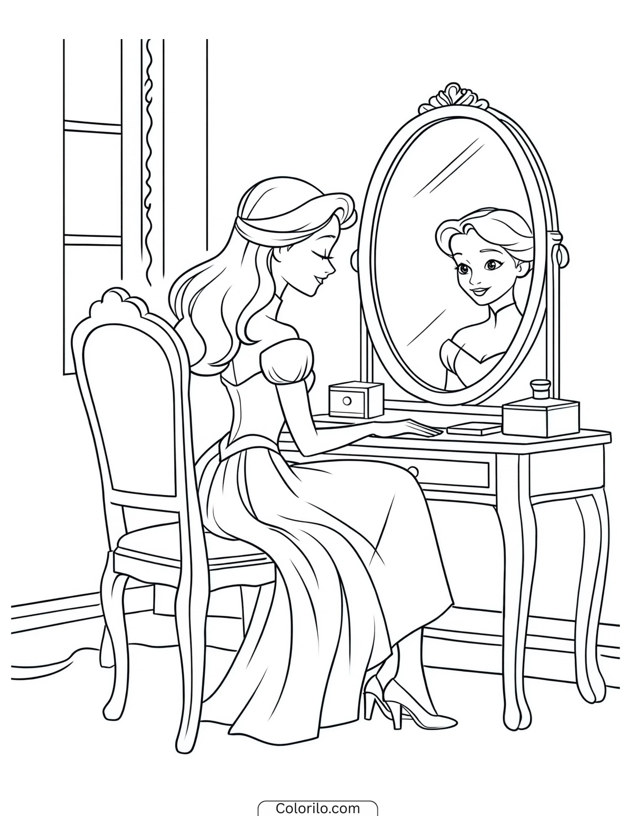 Princess seated at a vanity mirror coloring page