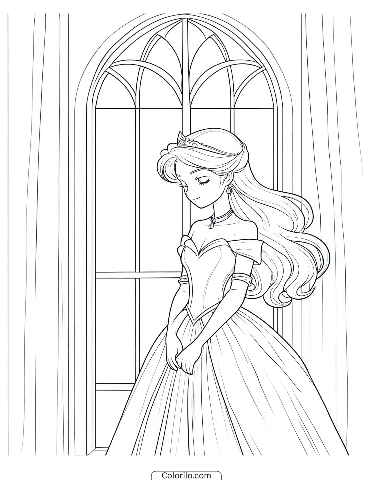 Princess standing beside a tall arched window coloring page