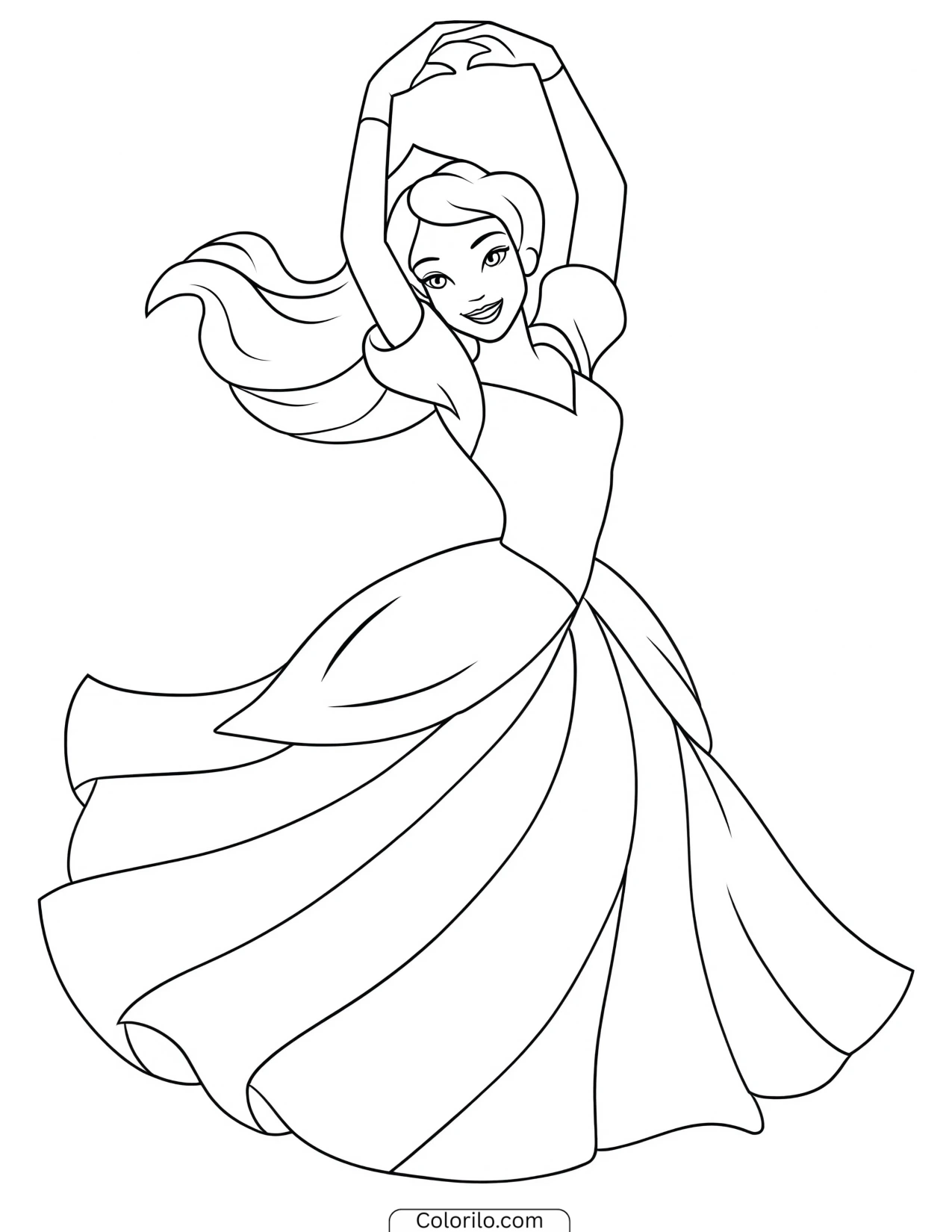 Princess dancing with her arms raised coloring page