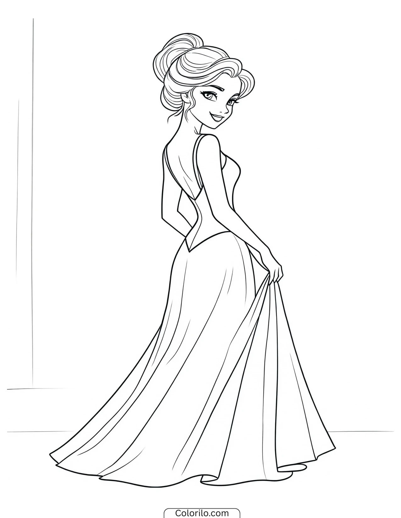 Princess glancing over her shoulder coloring page