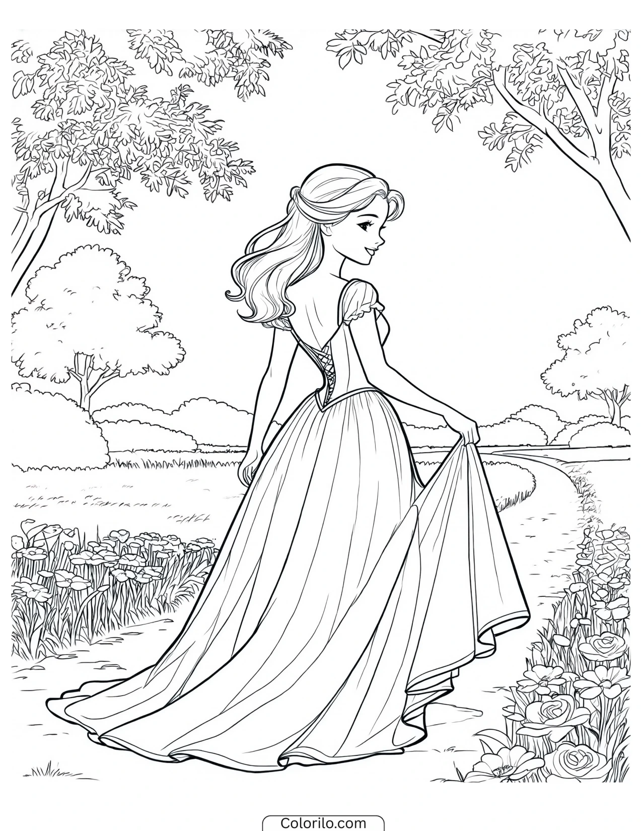 Princess holding her dress and looking back coloring page