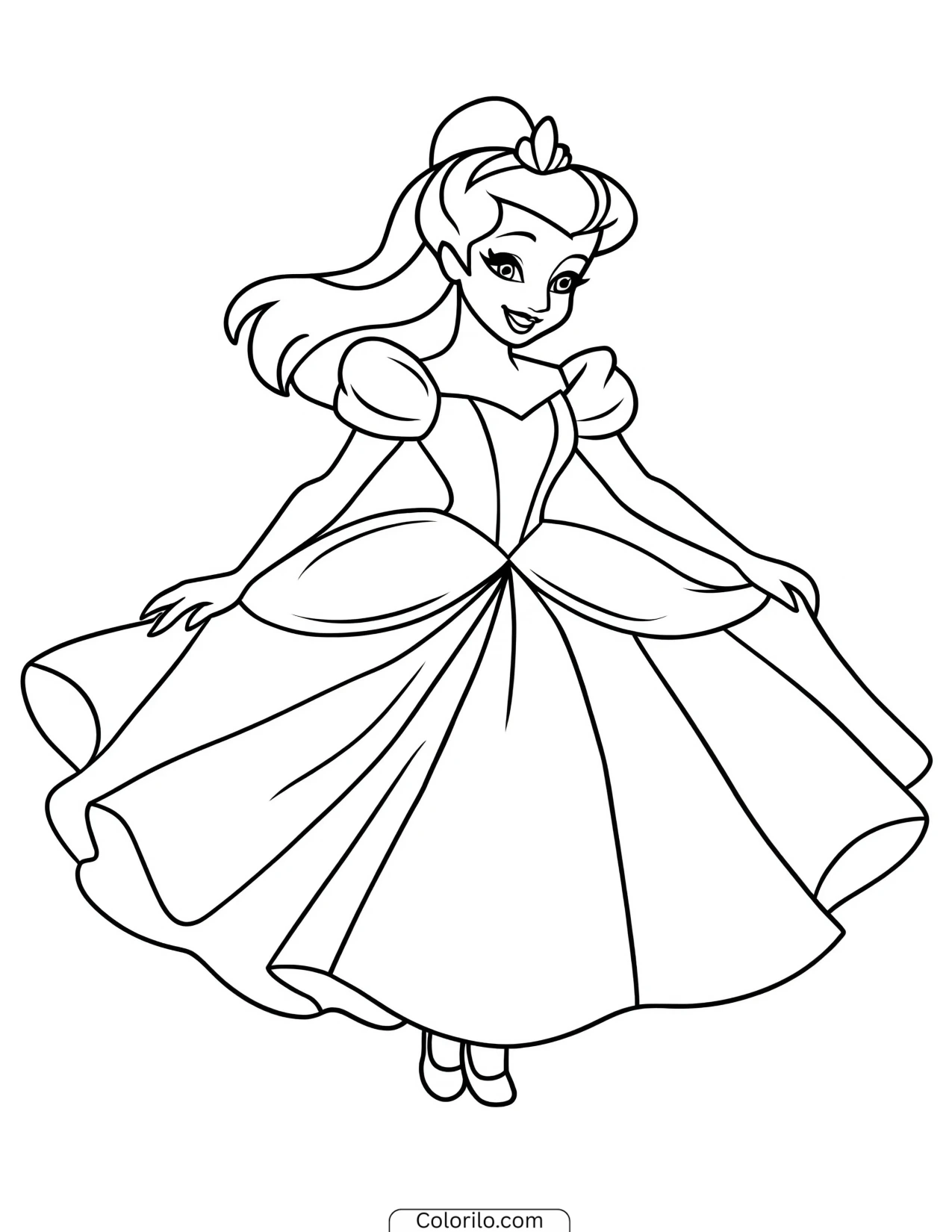 Princess holding her skirt out in a curtsey coloring page