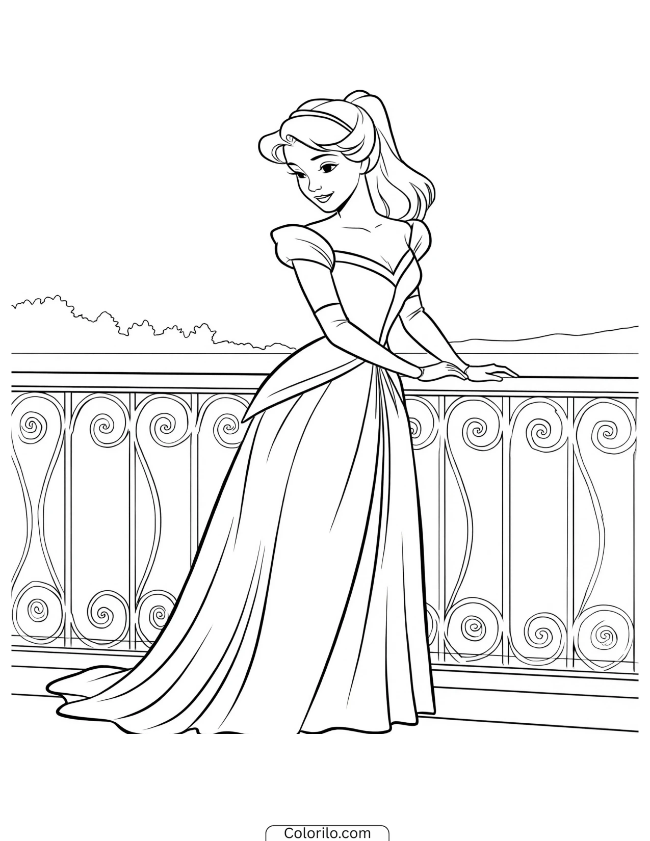 Princess leaning on a balcony railing coloring page