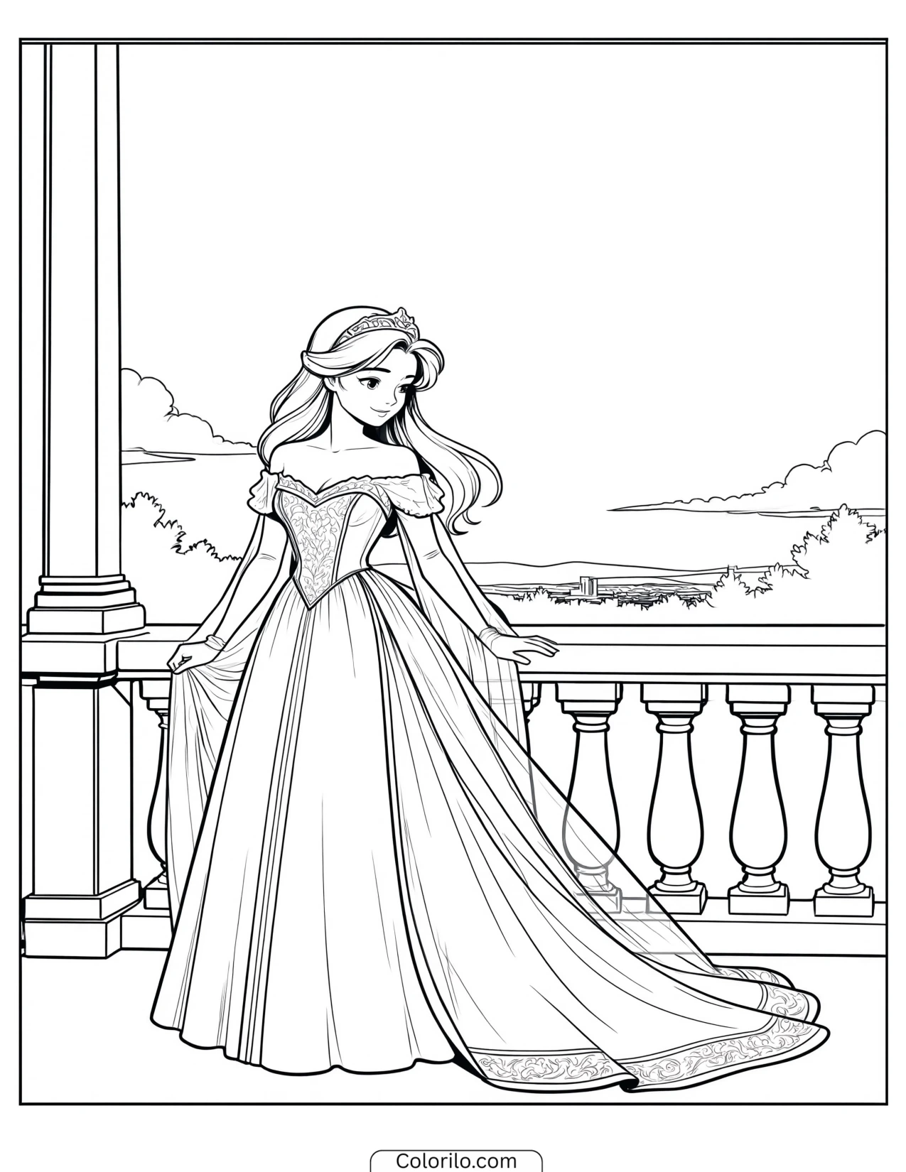 Princess standing out on a balcony coloring page