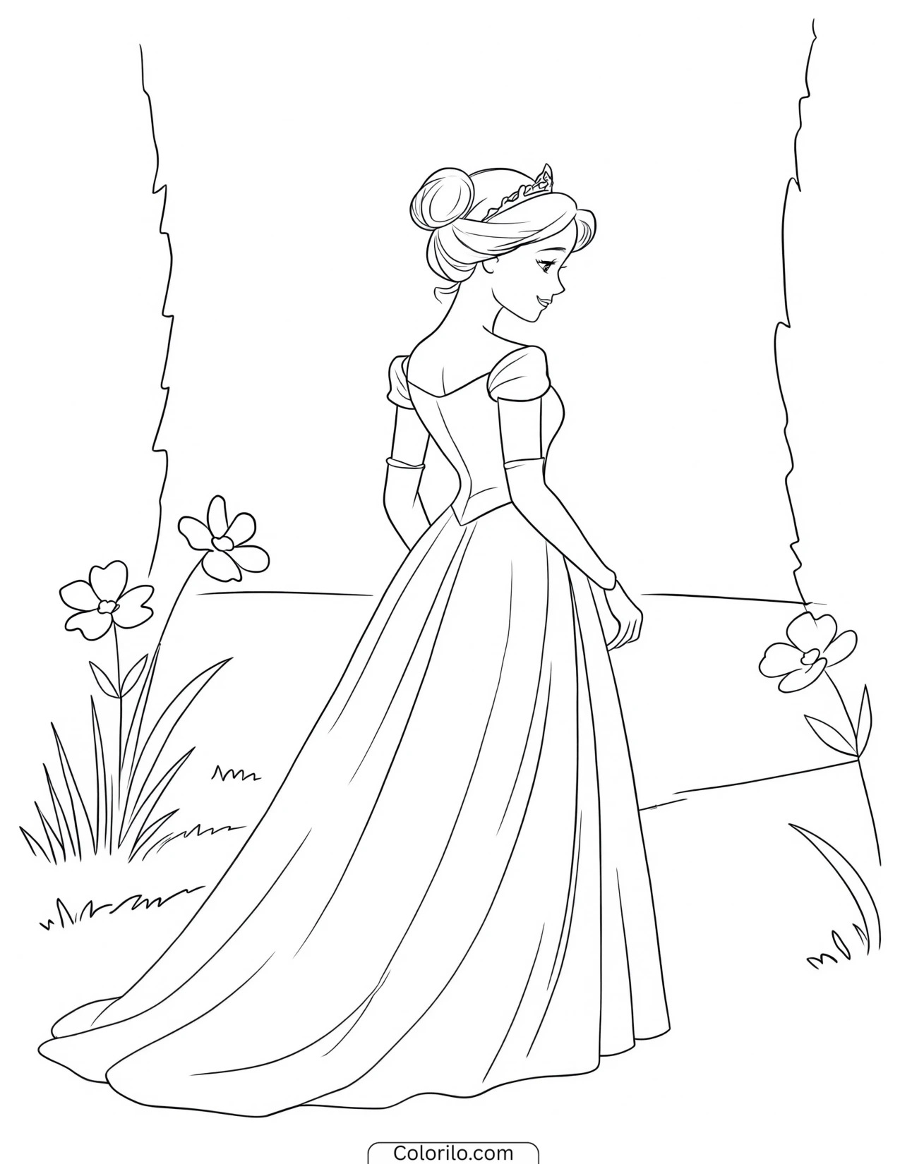 Princess standing outdoors among flowers coloring page