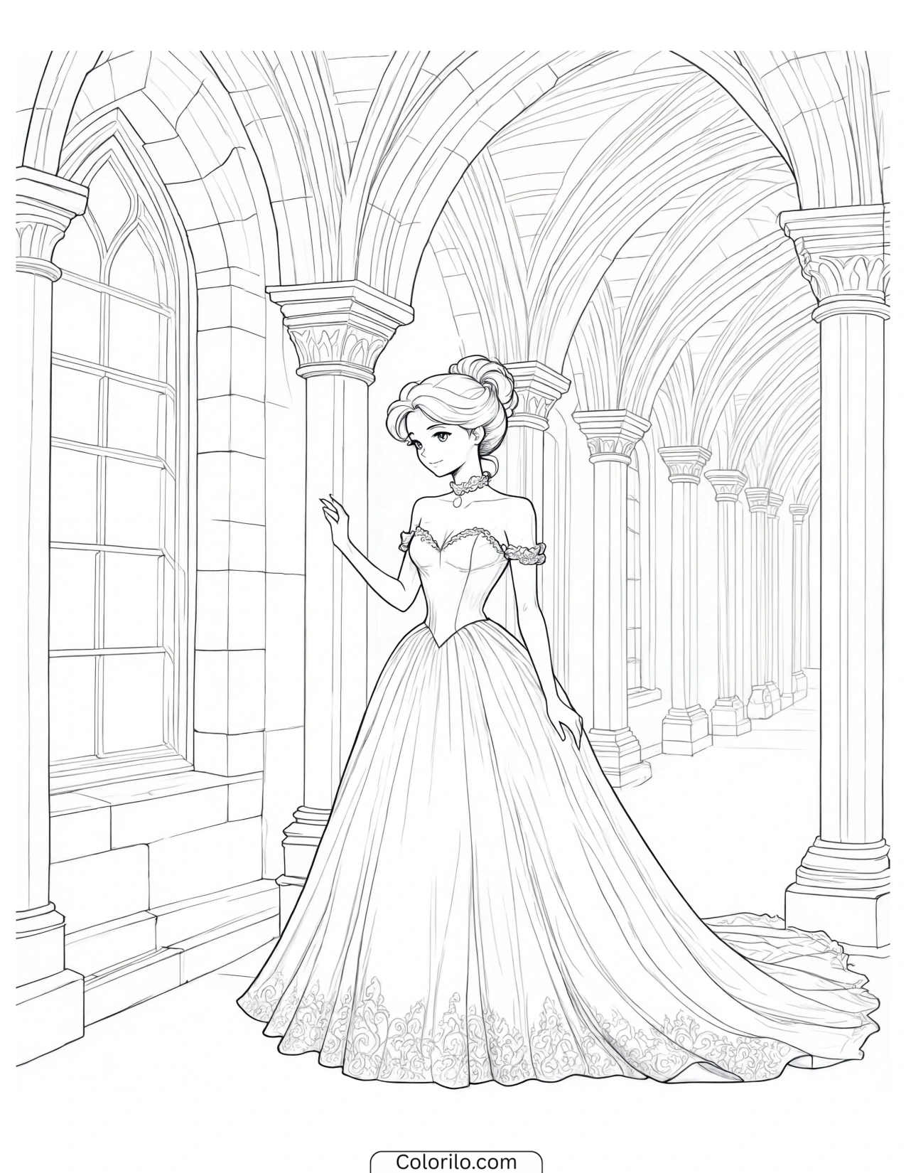 Princess posing in a ballgown coloring page