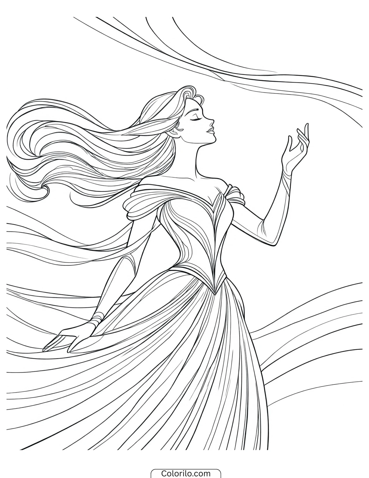 Princess reaching upward in her gown coloring page
