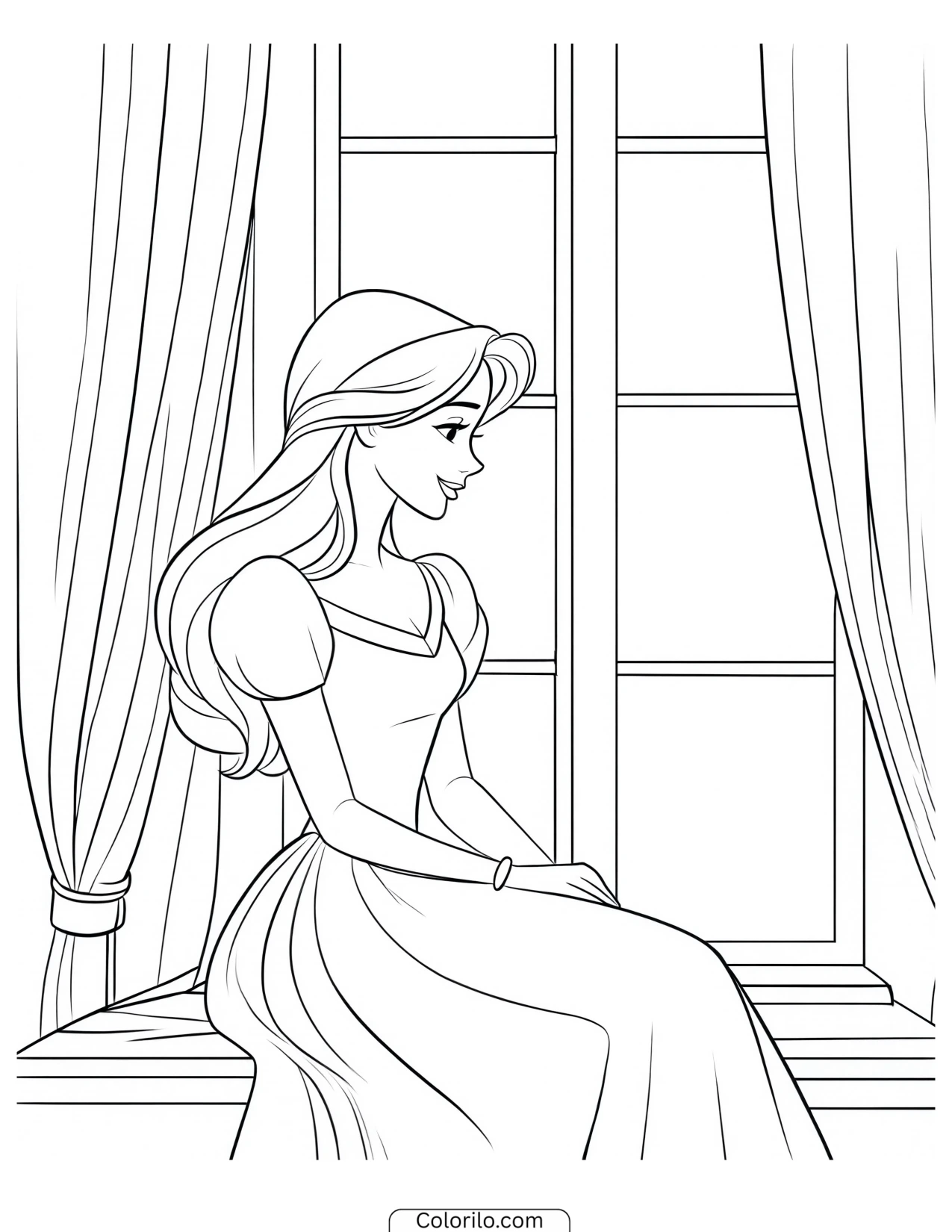 Princess sitting beside a window coloring page