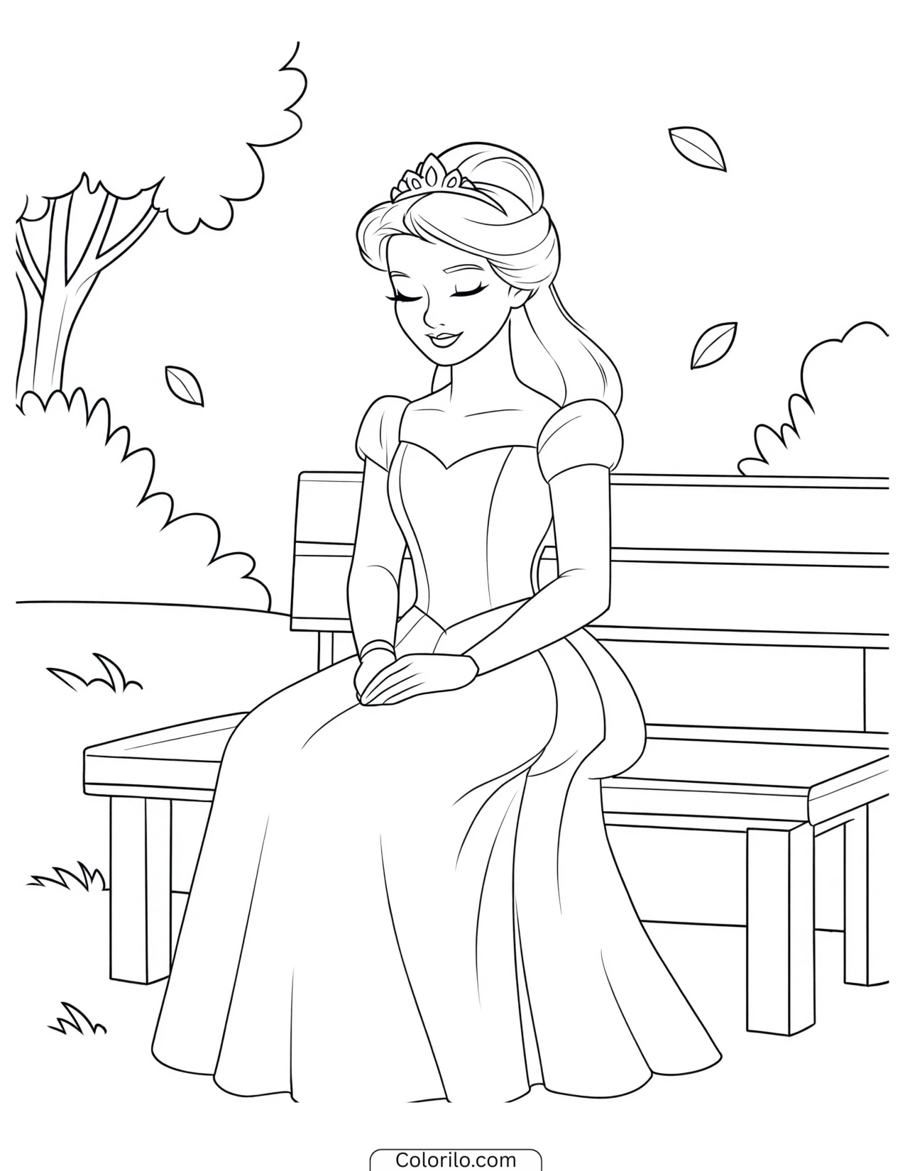 Princess sitting on a garden bench coloring page