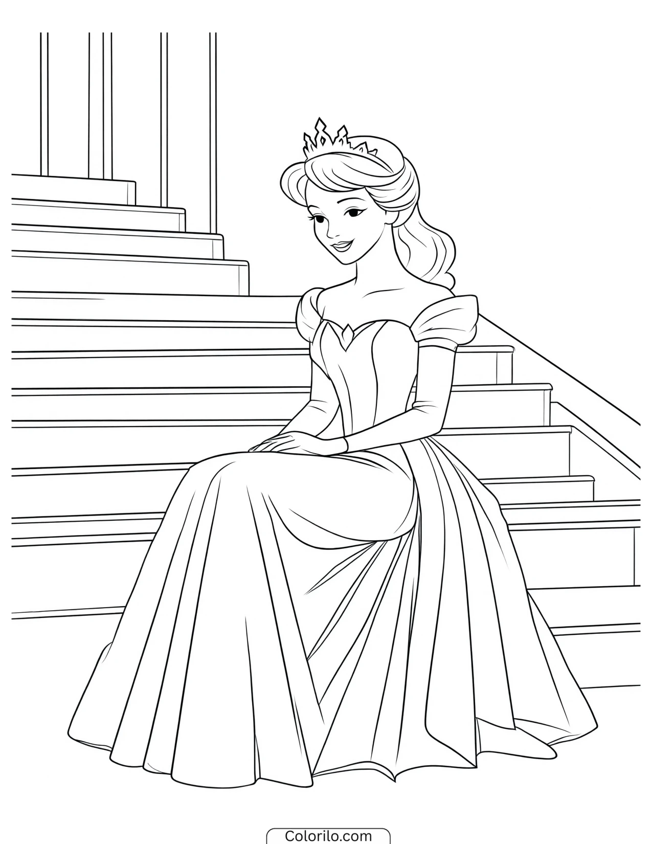 Princess sitting on a staircase coloring page
