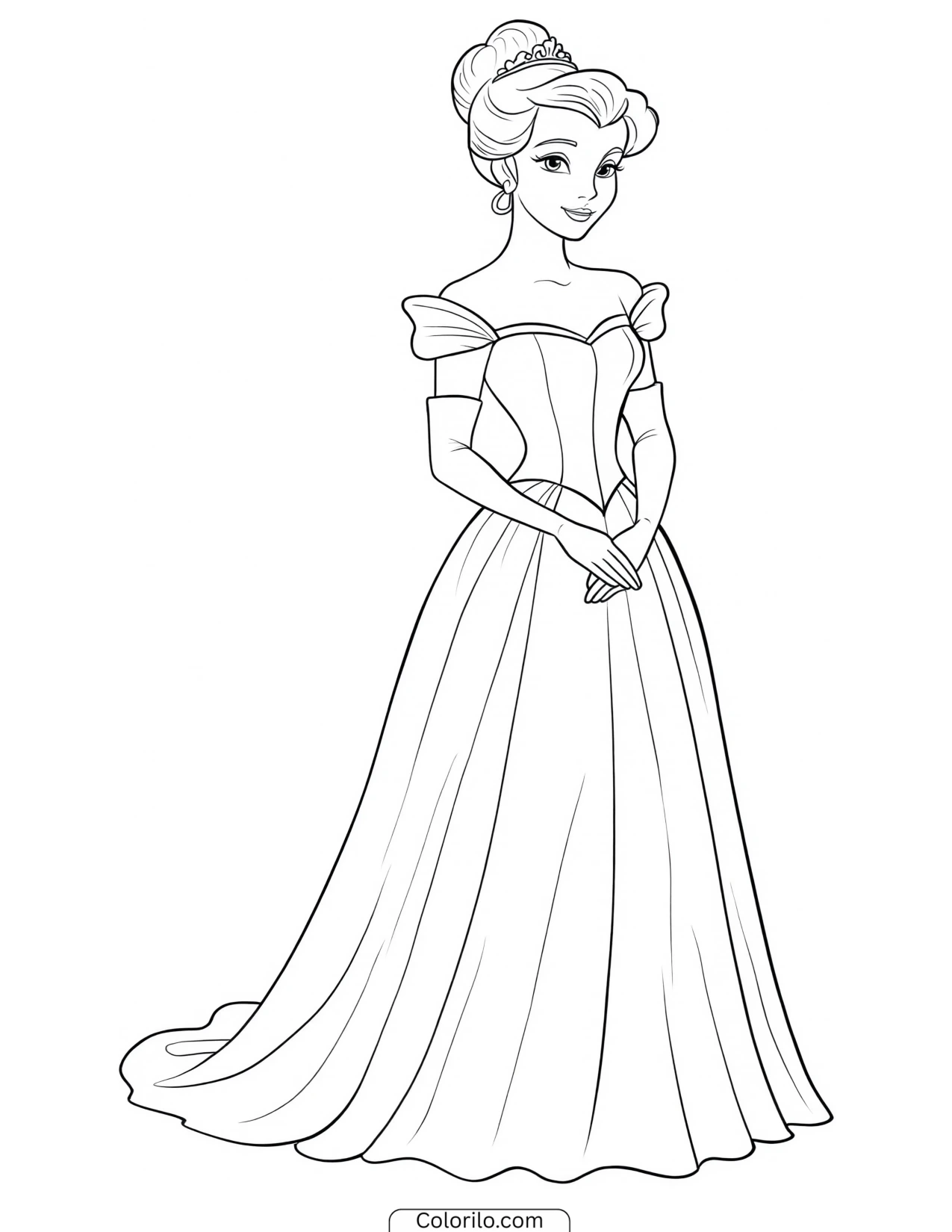 Princess standing in a full ballgown coloring page