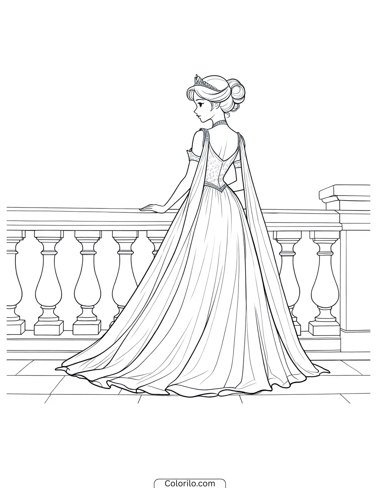 Princess standing at the edge of a balcony coloring page