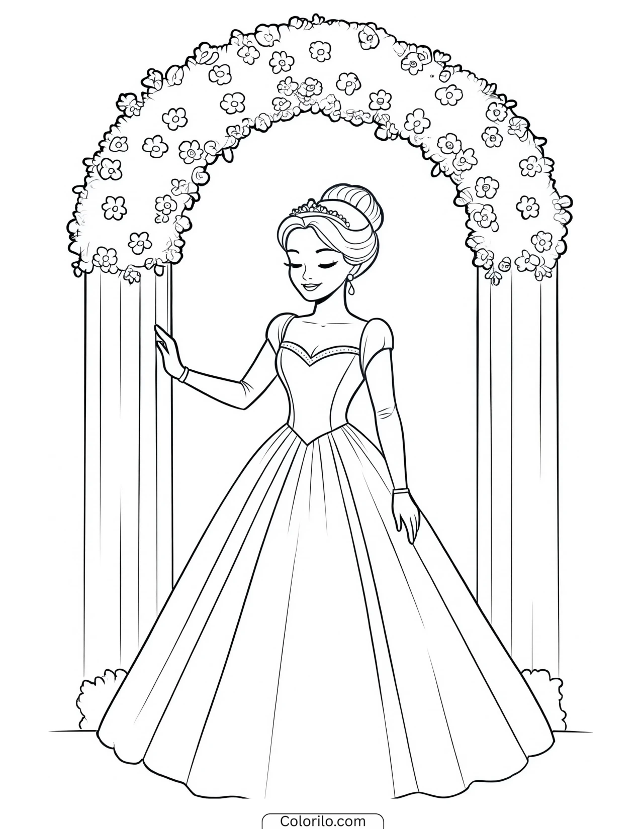 Princess standing beneath a floral archway coloring page